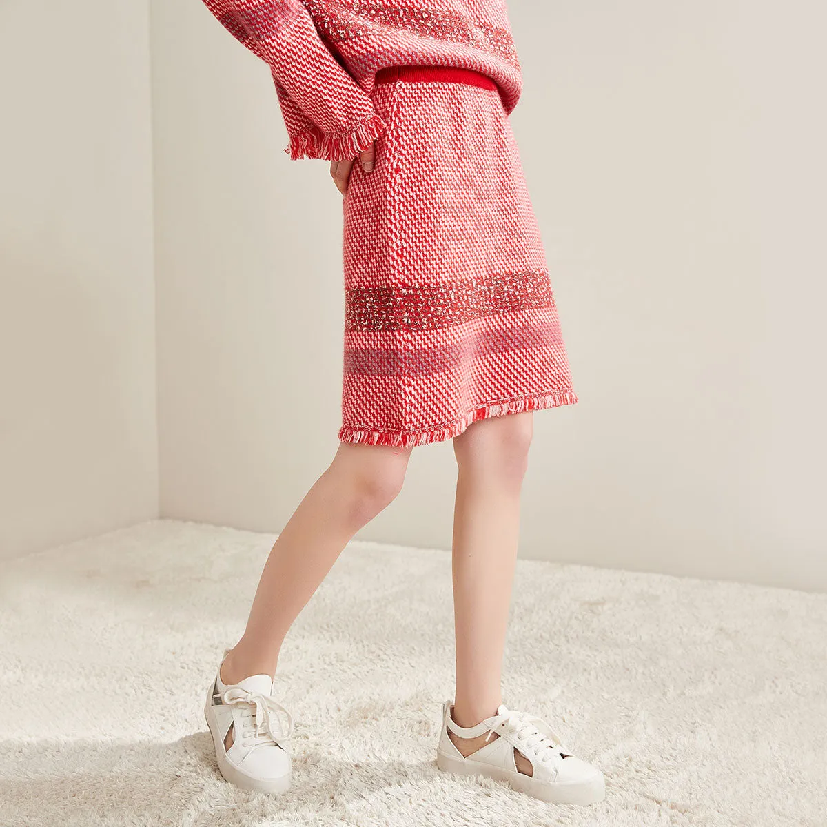 100% Cashmere Womens Striped Knitted Skirt