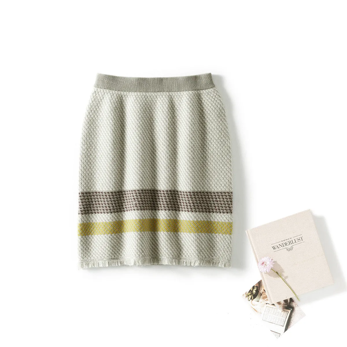 100% Cashmere Womens Striped Knitted Skirt