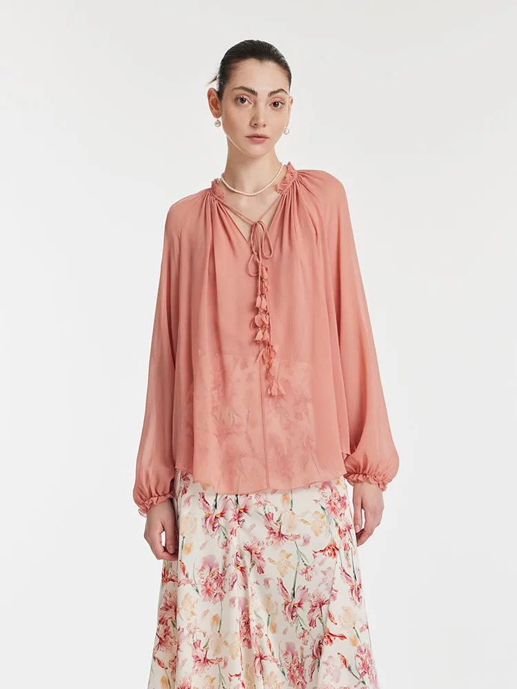12 Momme Mulberry Silk Ruffle Trim Women Blouse With Bottomed Camisole