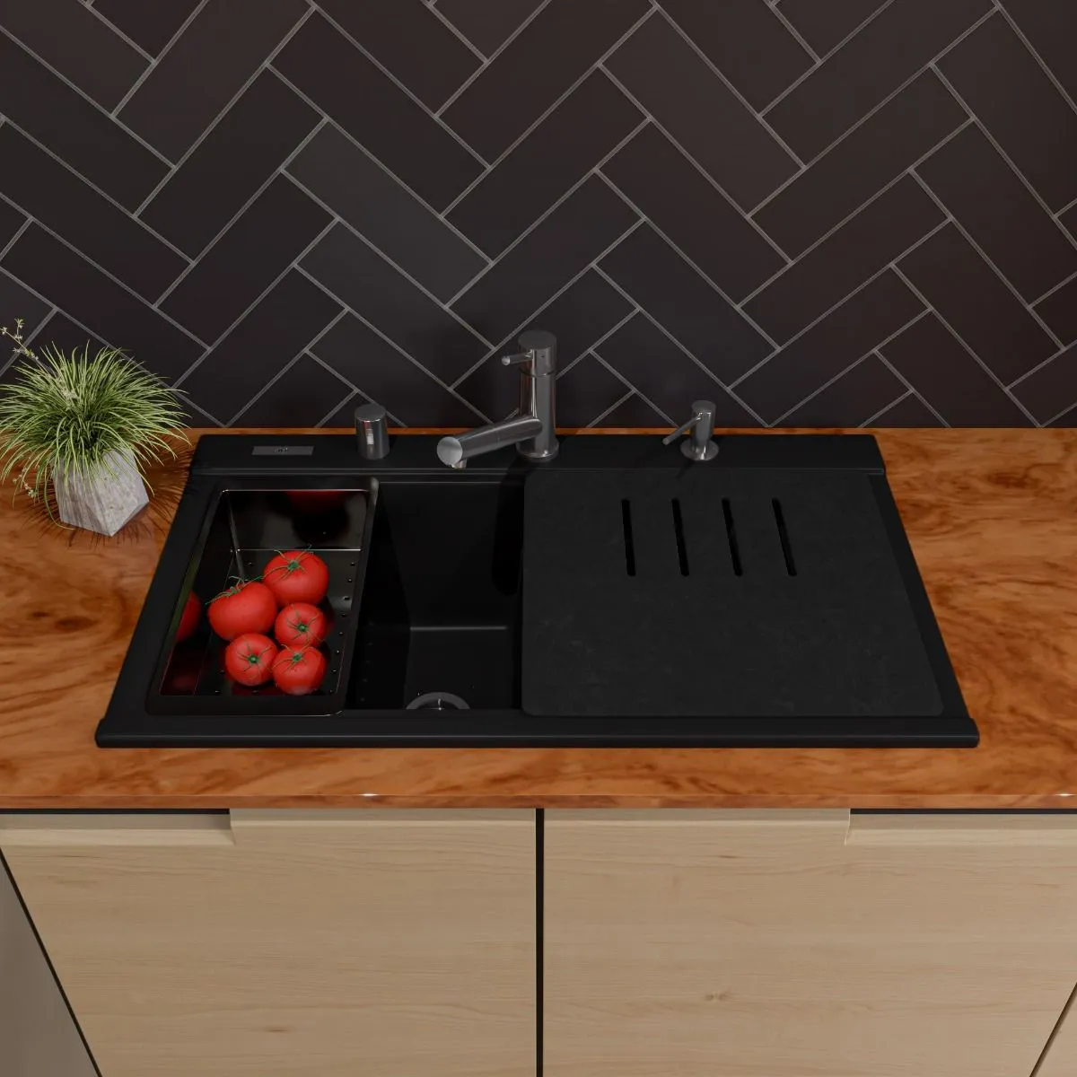ALFI brand - Black 33" Granite Composite Workstation Step Rim Double Bowl Drop In Sink with Accessories - AB3418DBDI-BLA