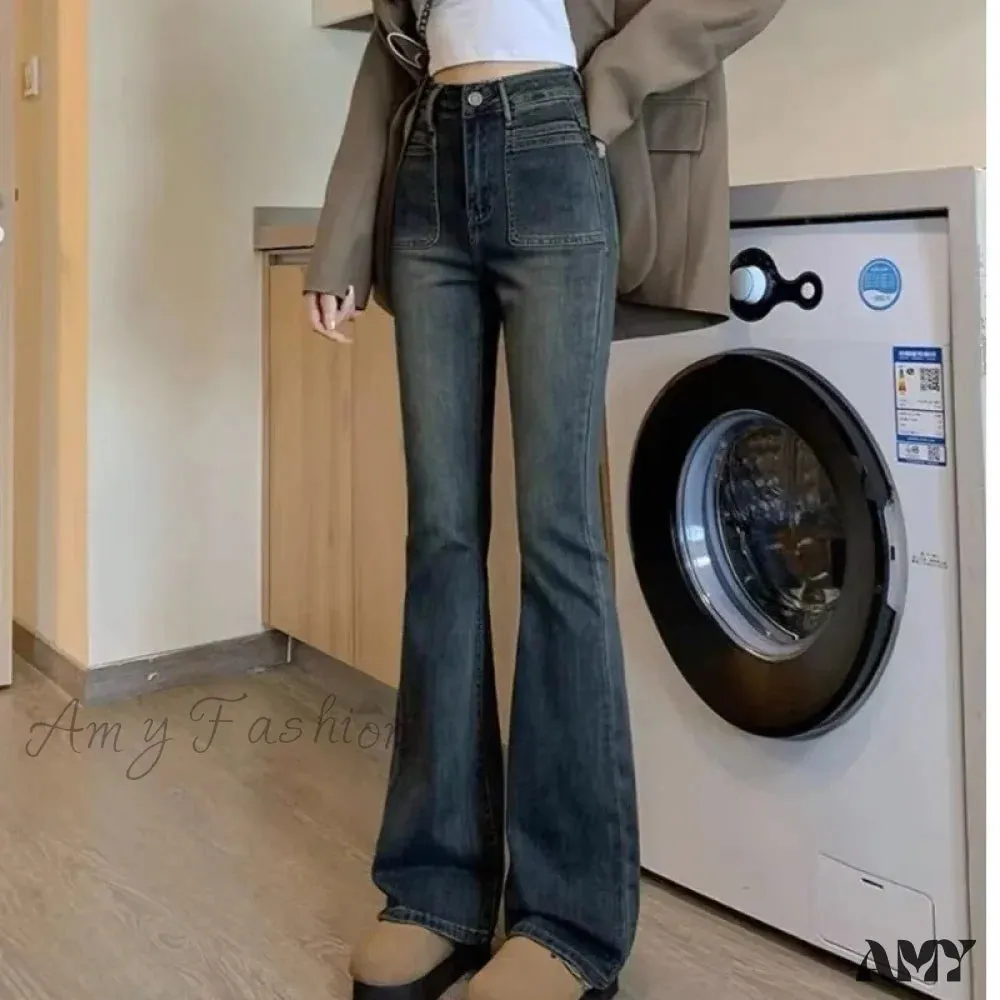 Amy Fashion - New Design Sense High Waist Micro Flared Plush Slim Long High Wide Leg Jean