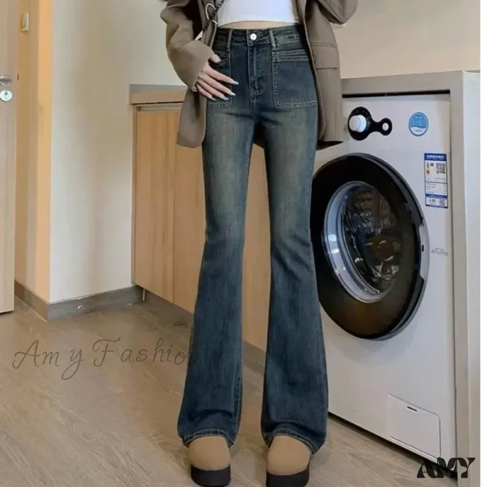 Amy Fashion - New Design Sense High Waist Micro Flared Plush Slim Long High Wide Leg Jean