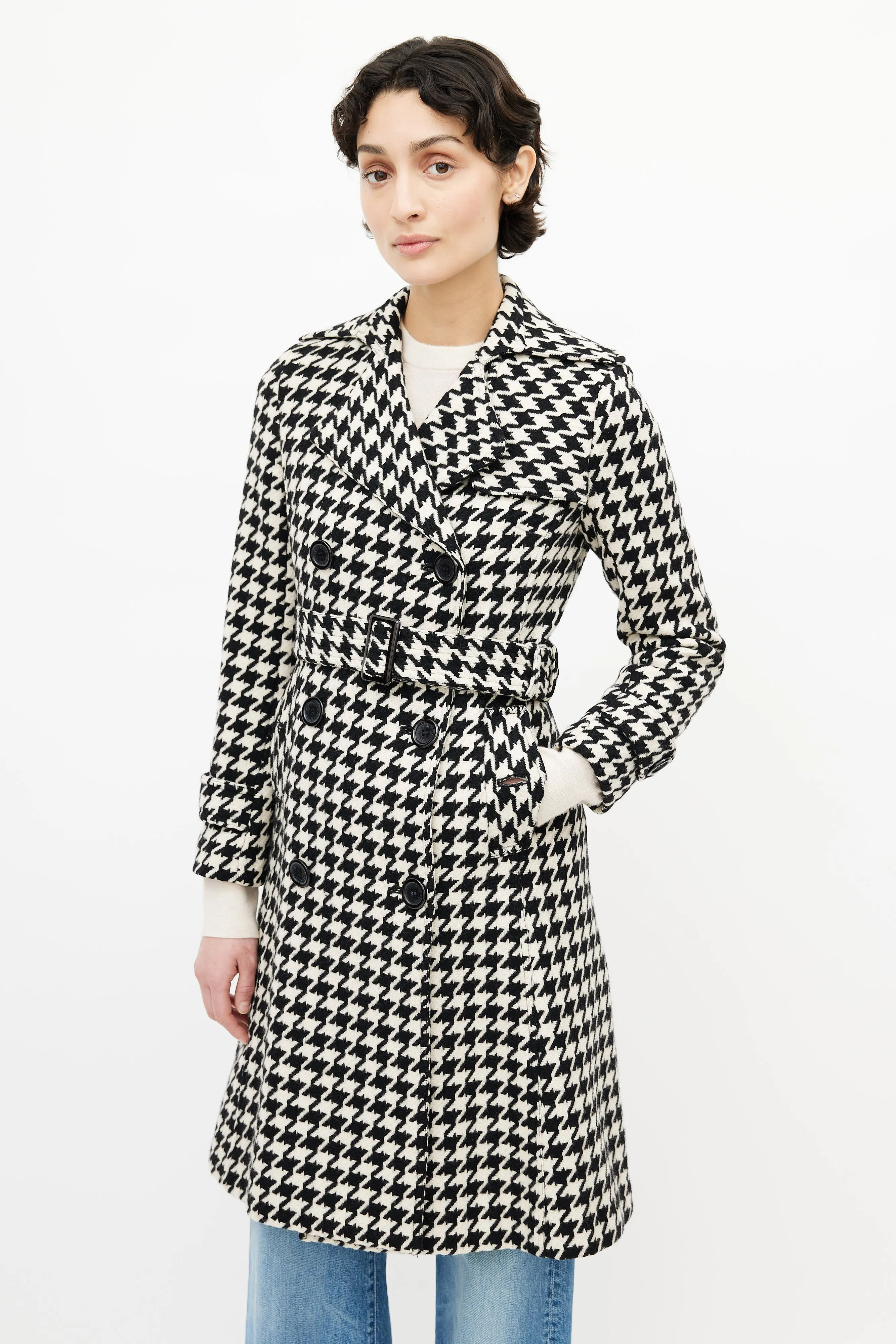 Black & White Belted Houndstooth Coat