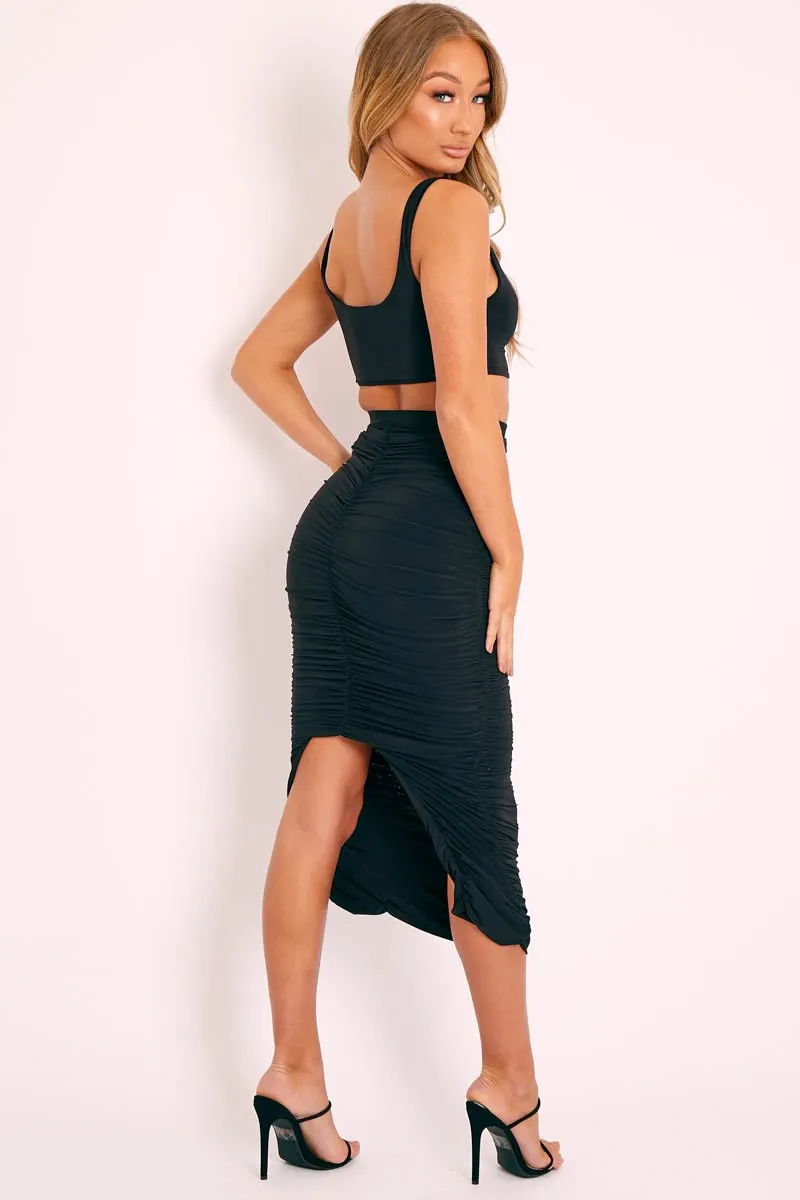 Black Slinky Bralet and Ruched Midi Skirt Co-ord - Valentia