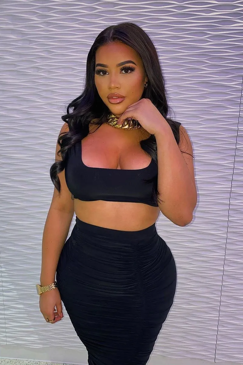 Black Slinky Bralet and Ruched Midi Skirt Co-ord - Valentia