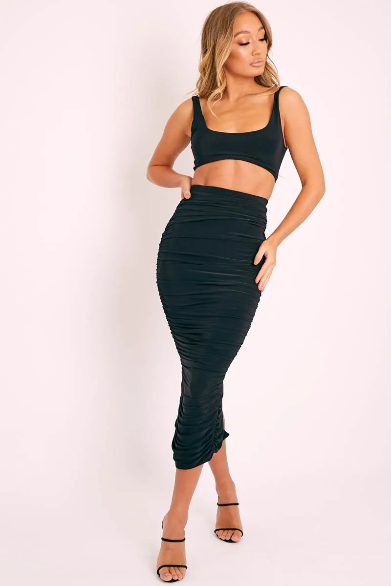 Black Slinky Bralet and Ruched Midi Skirt Co-ord - Valentia