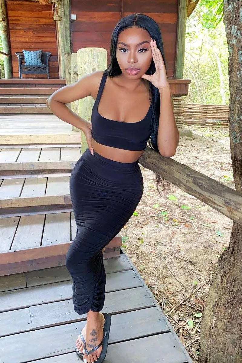 Black Slinky Bralet and Ruched Midi Skirt Co-ord - Valentia