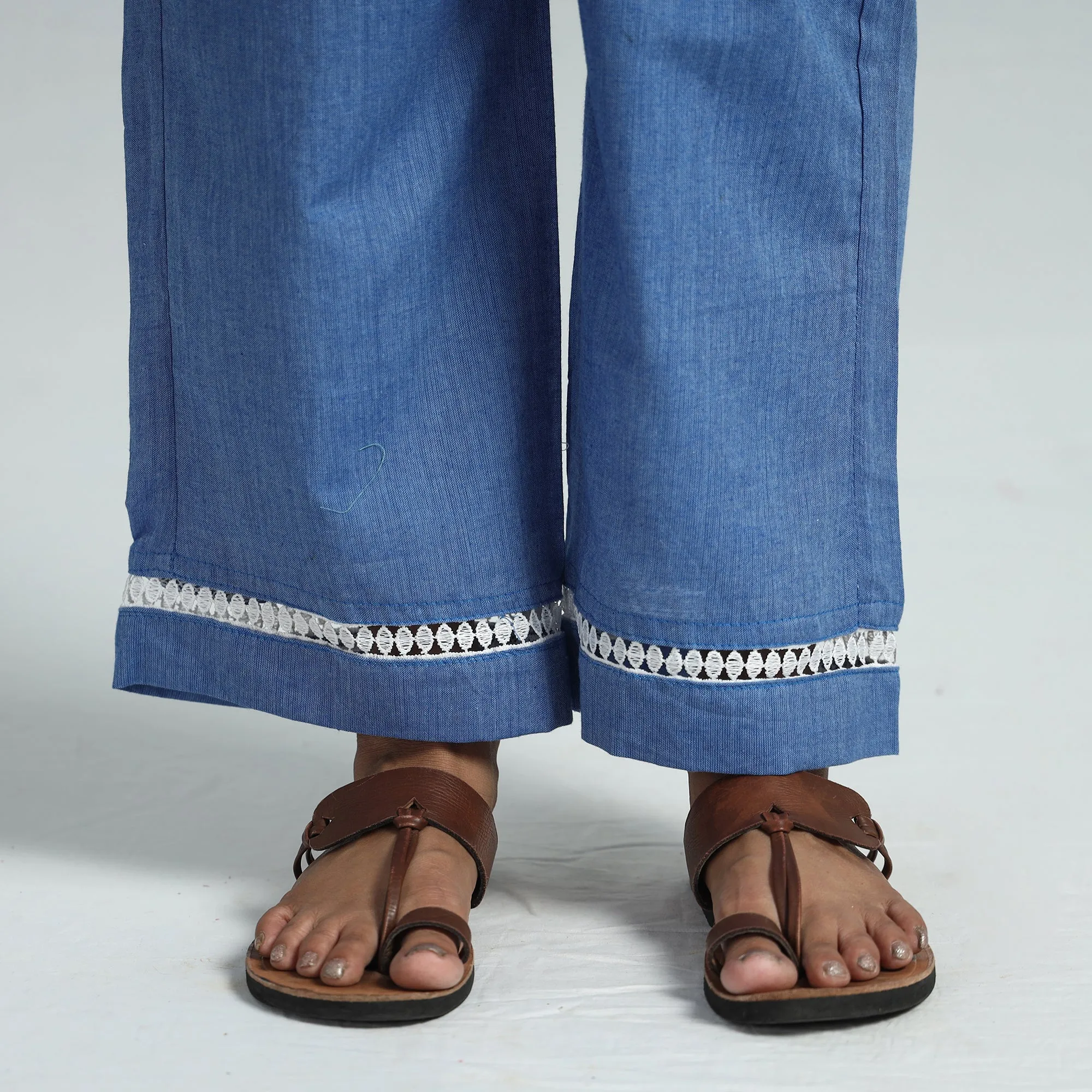Blue - Plain Handloom Jhiri Cotton Elasticated Palazzo with Lace Work 13