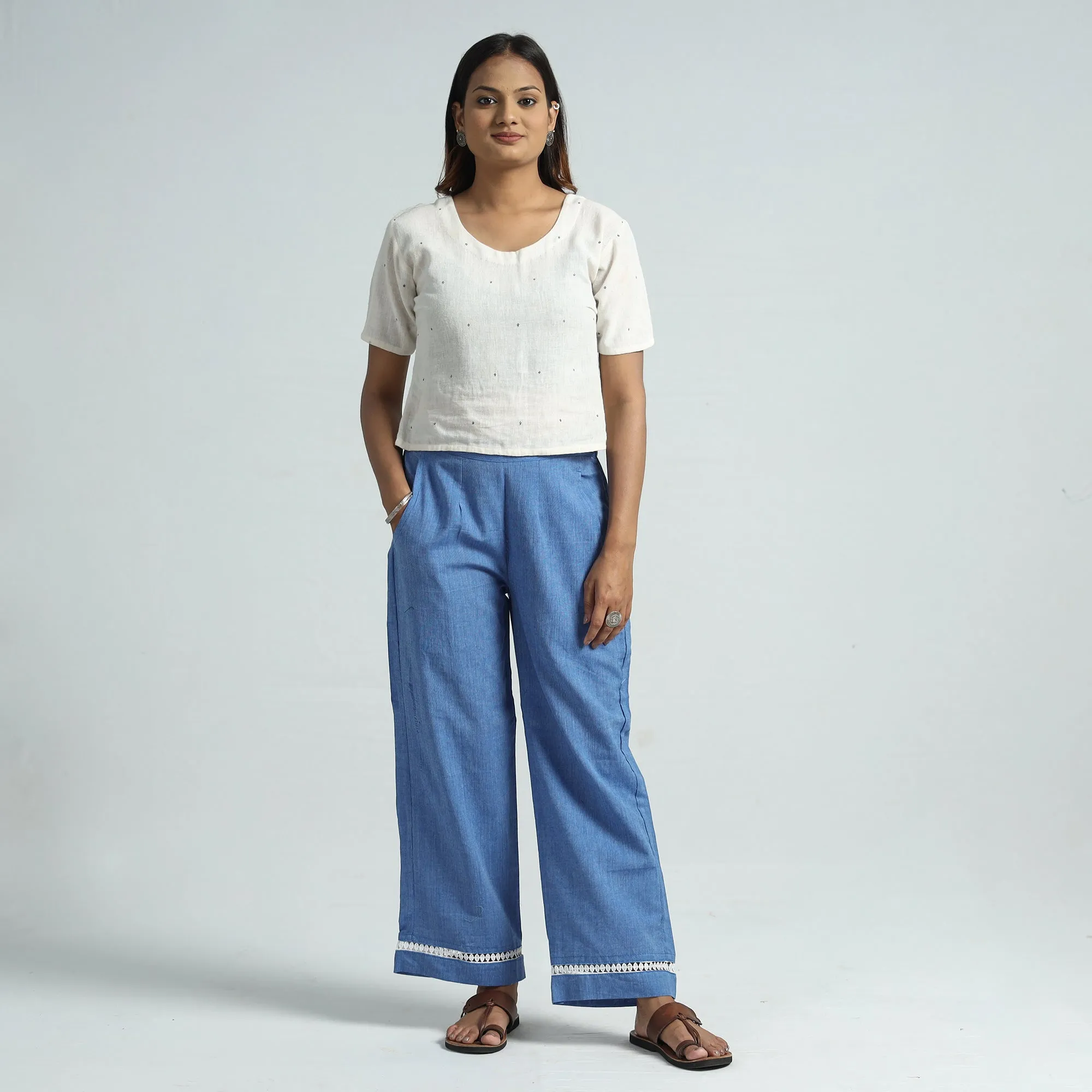Blue - Plain Handloom Jhiri Cotton Elasticated Palazzo with Lace Work 13