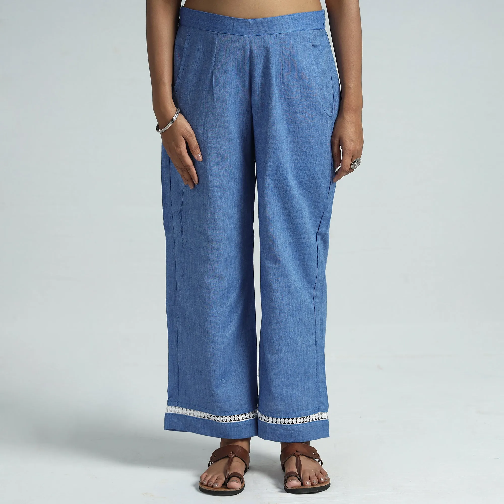 Blue - Plain Handloom Jhiri Cotton Elasticated Palazzo with Lace Work 13