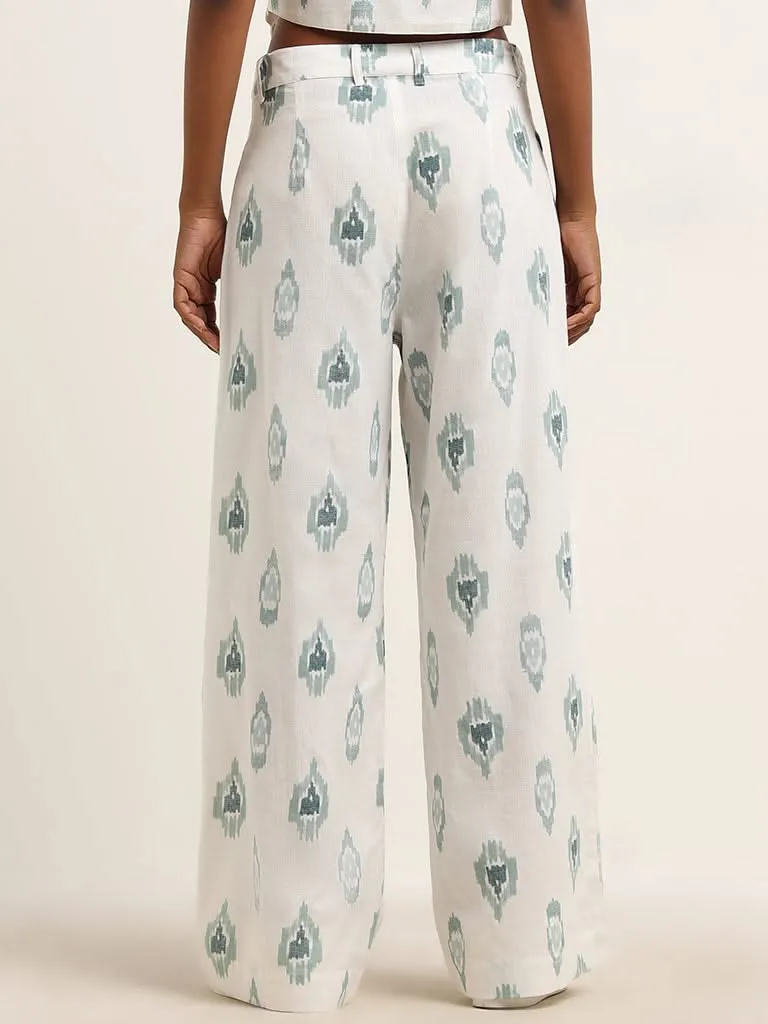 Bombay Paisley Teal Ikat Printed Mid Rise Cotton Blend Flared Pants