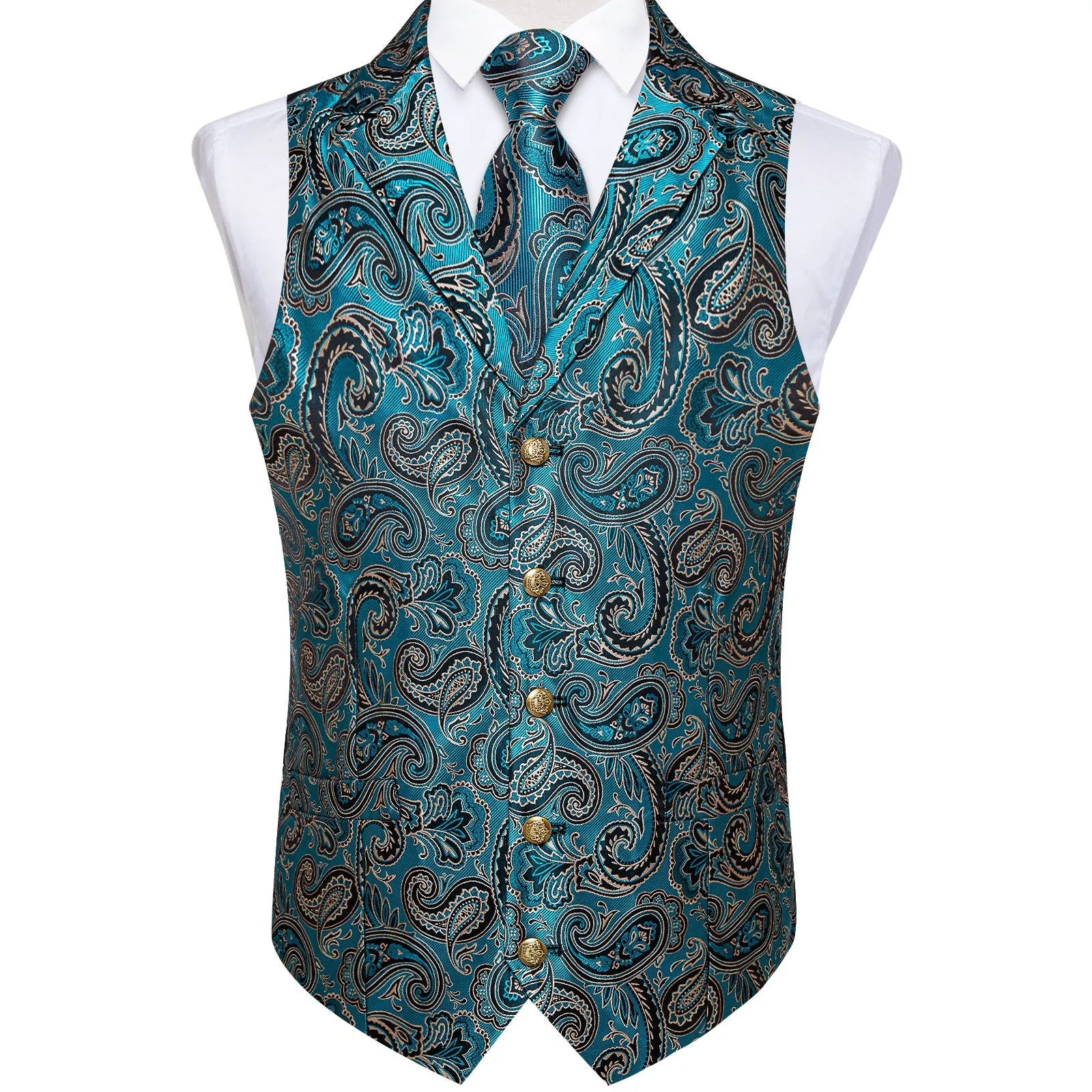DiBanGu Notched Collar Vest Cyal Black Paisley V Neck Mens Vest Tie Handkerchief Cufflinks Set
