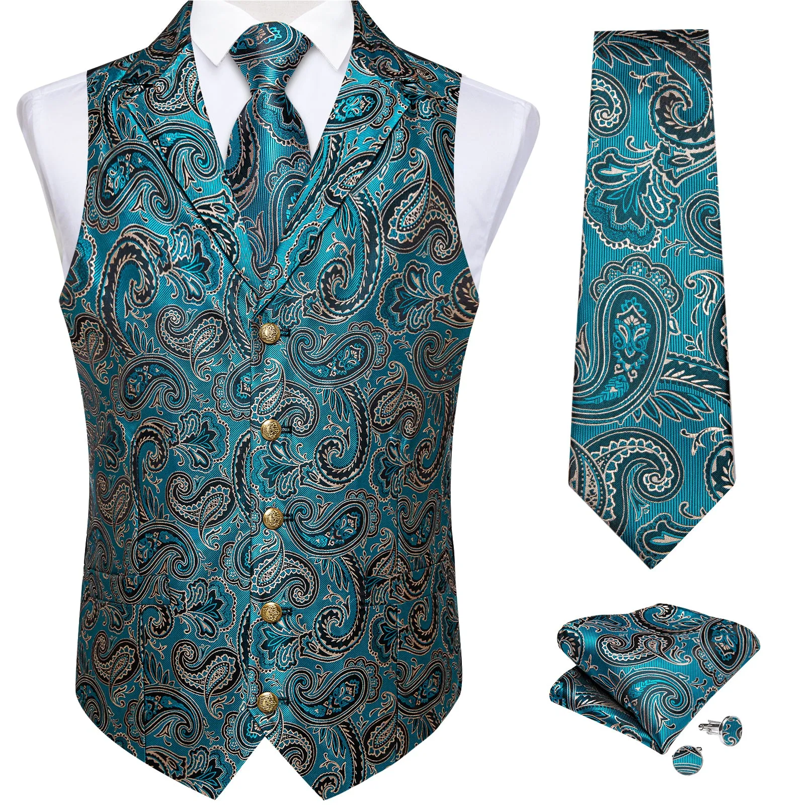 DiBanGu Notched Collar Vest Cyal Black Paisley V Neck Mens Vest Tie Handkerchief Cufflinks Set
