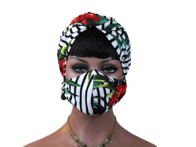 Handmade Black & White Floral Stripe Twist Turban & Full Mask Set