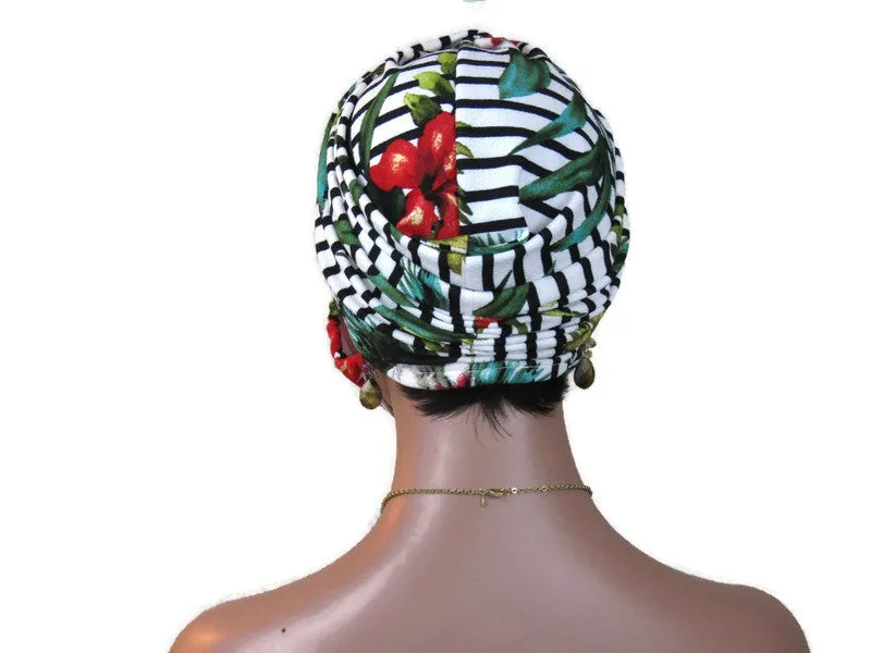 Handmade Black & White Floral Stripe Twist Turban & Full Mask Set