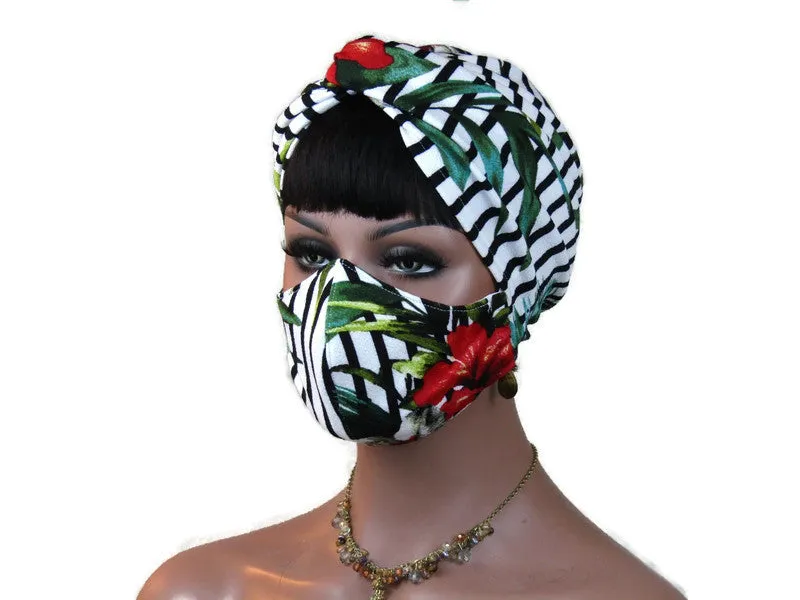 Handmade Black & White Floral Stripe Twist Turban & Full Mask Set