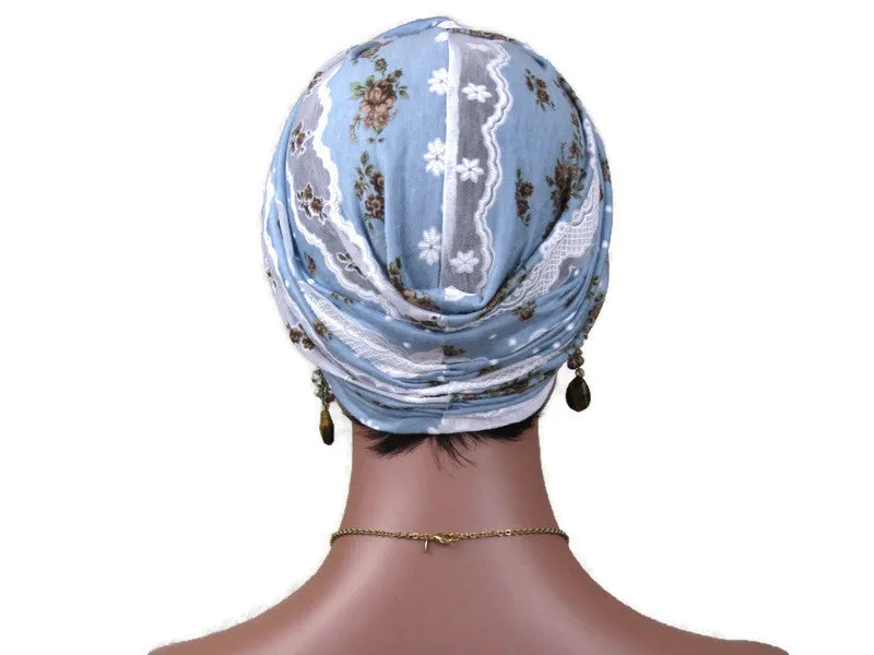 Handmade Blue & White Rayon Twist Turban, Floral Lace