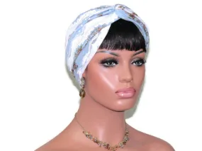 Handmade Blue & White Rayon Twist Turban, Floral Lace