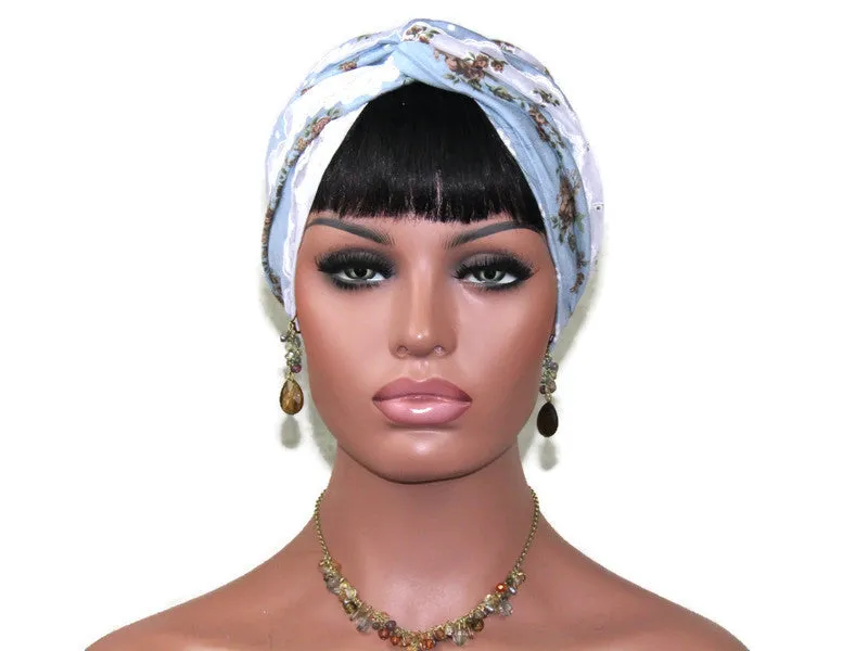 Handmade Blue & White Rayon Twist Turban, Floral Lace