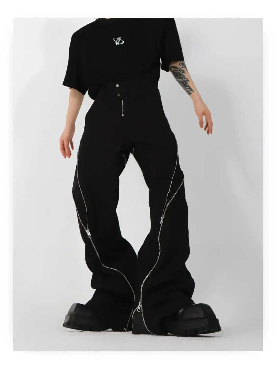 Joskaa American trendy brand men black zipper design slit slightly flared pants vertical feeling straight casual pants retro trousers