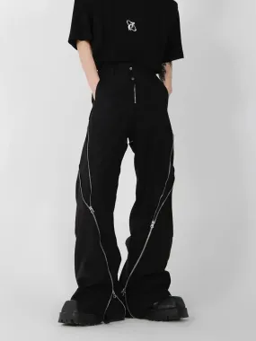 Joskaa American trendy brand men black zipper design slit slightly flared pants vertical feeling straight casual pants retro trousers