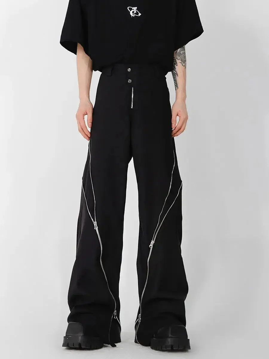 Joskaa American trendy brand men black zipper design slit slightly flared pants vertical feeling straight casual pants retro trousers