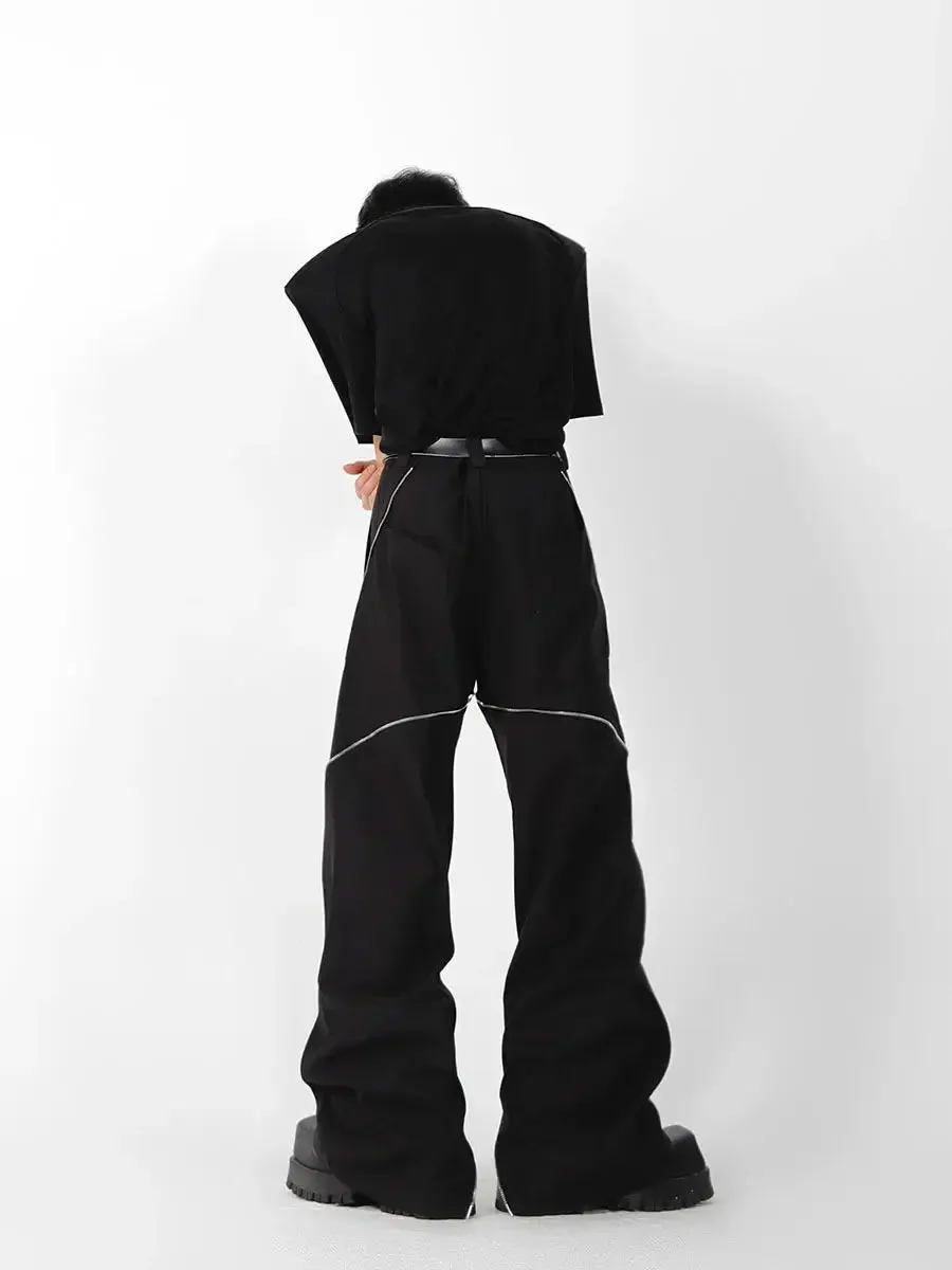 Joskaa American trendy brand men black zipper design slit slightly flared pants vertical feeling straight casual pants retro trousers
