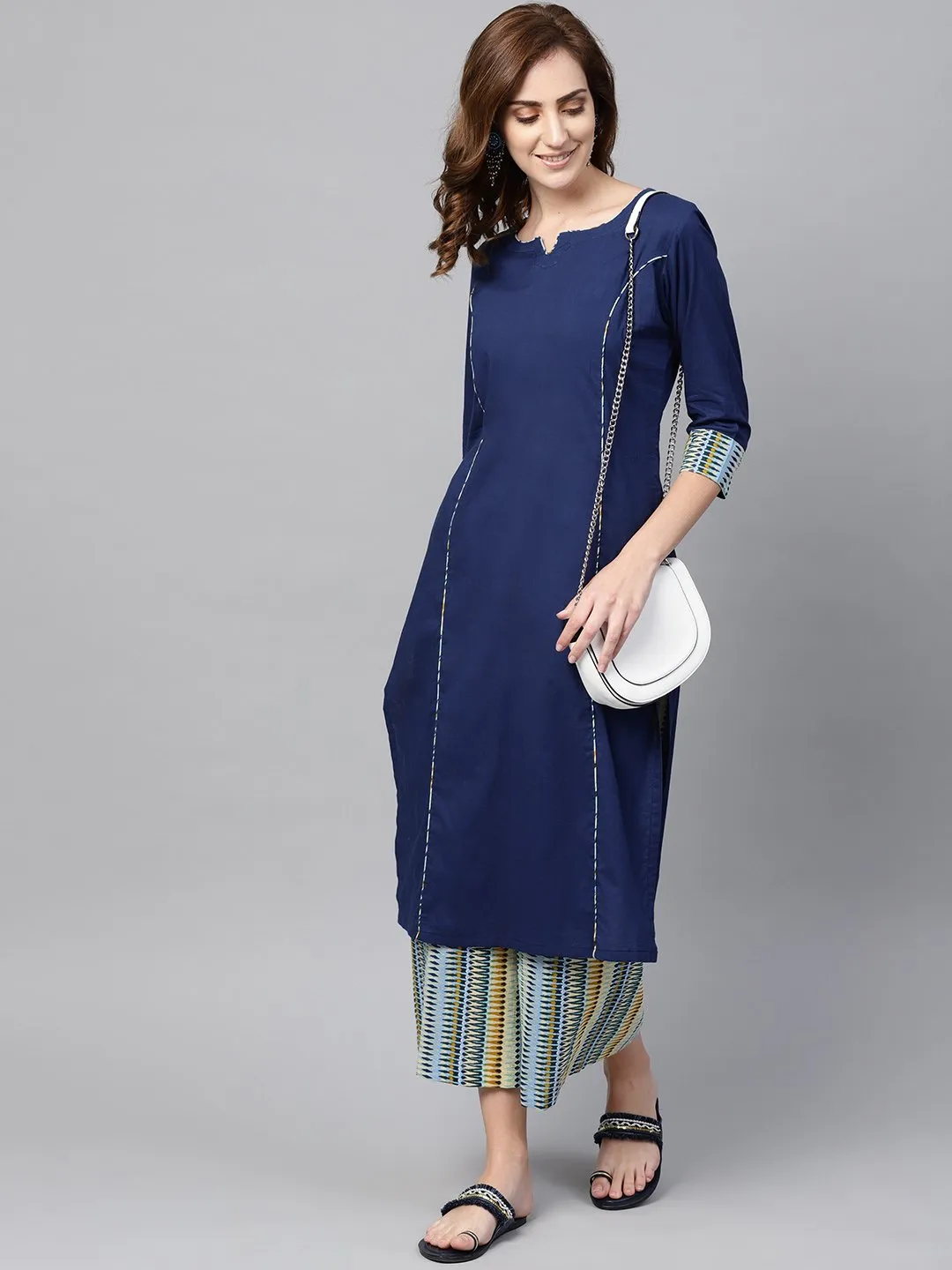 Navy Blue Kurta Set With Cream Multi Colored Culottes