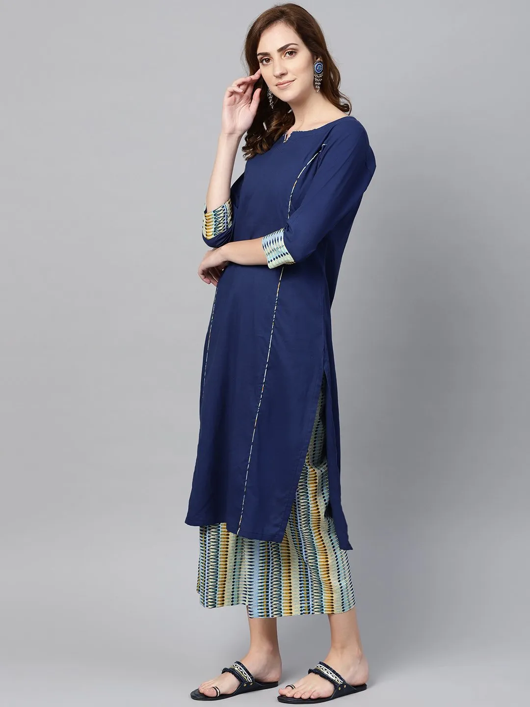 Navy Blue Kurta Set With Cream Multi Colored Culottes