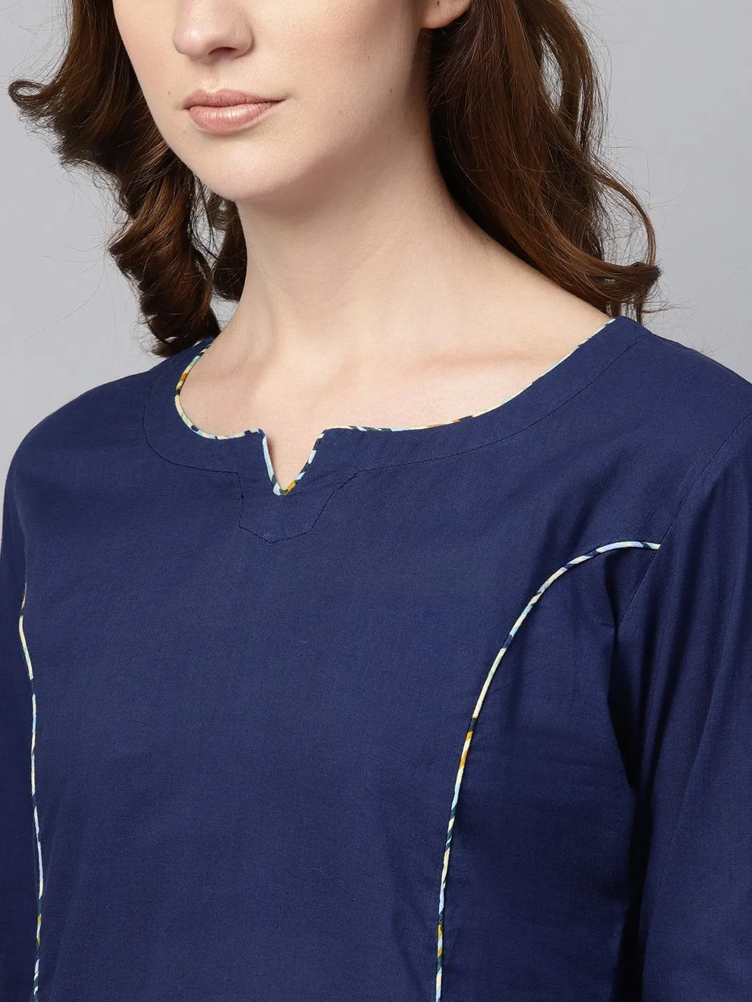 Navy Blue Kurta Set With Cream Multi Colored Culottes