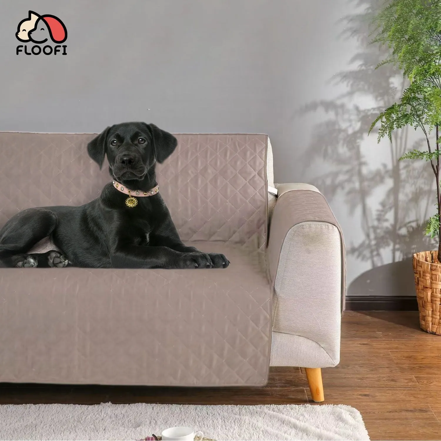 Non-Slip Quilted Pet Sofa Cover 2-Seat, Khaki - Floofi