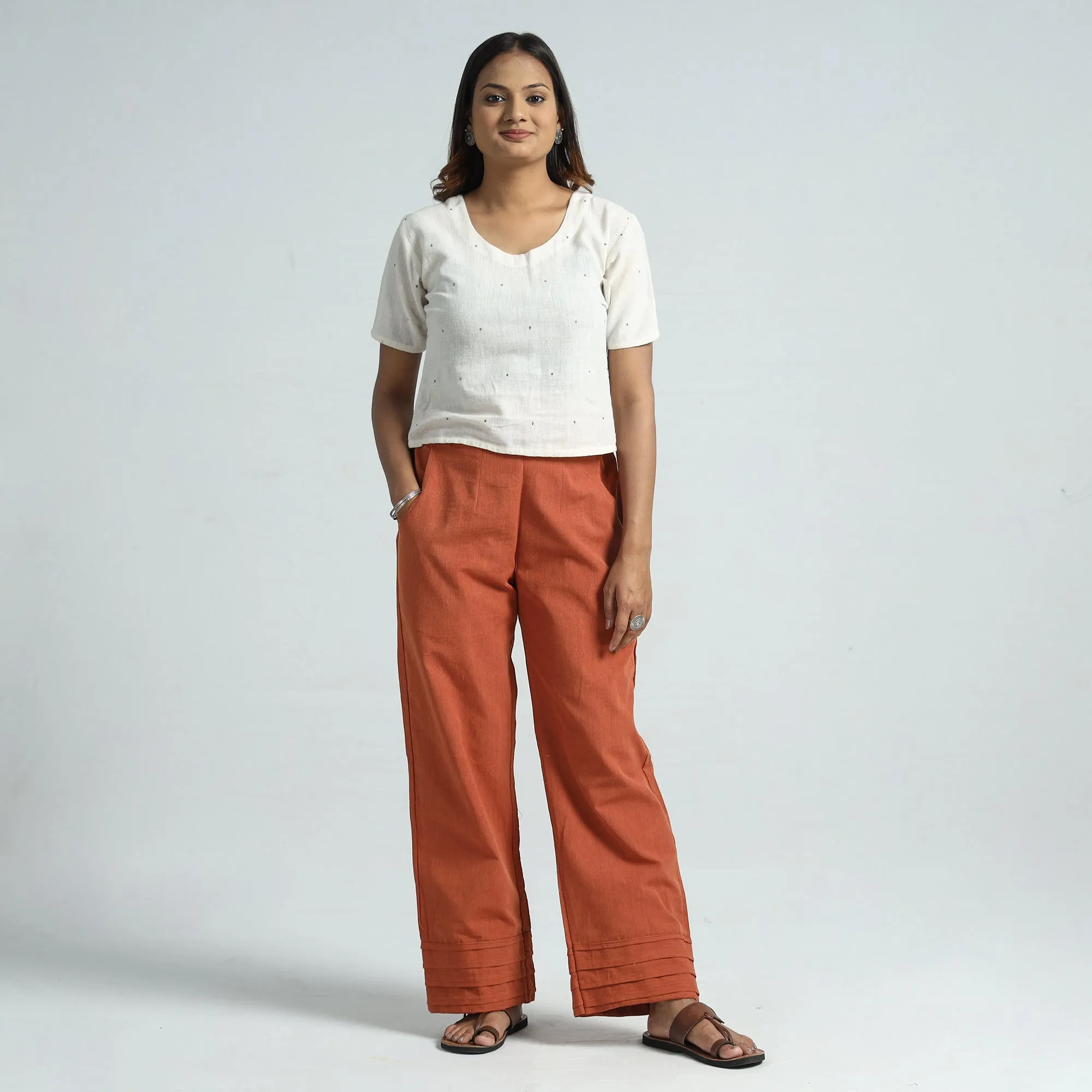 Orange - Plain Handloom Jhiri Cotton Elasticated Palazzo 16