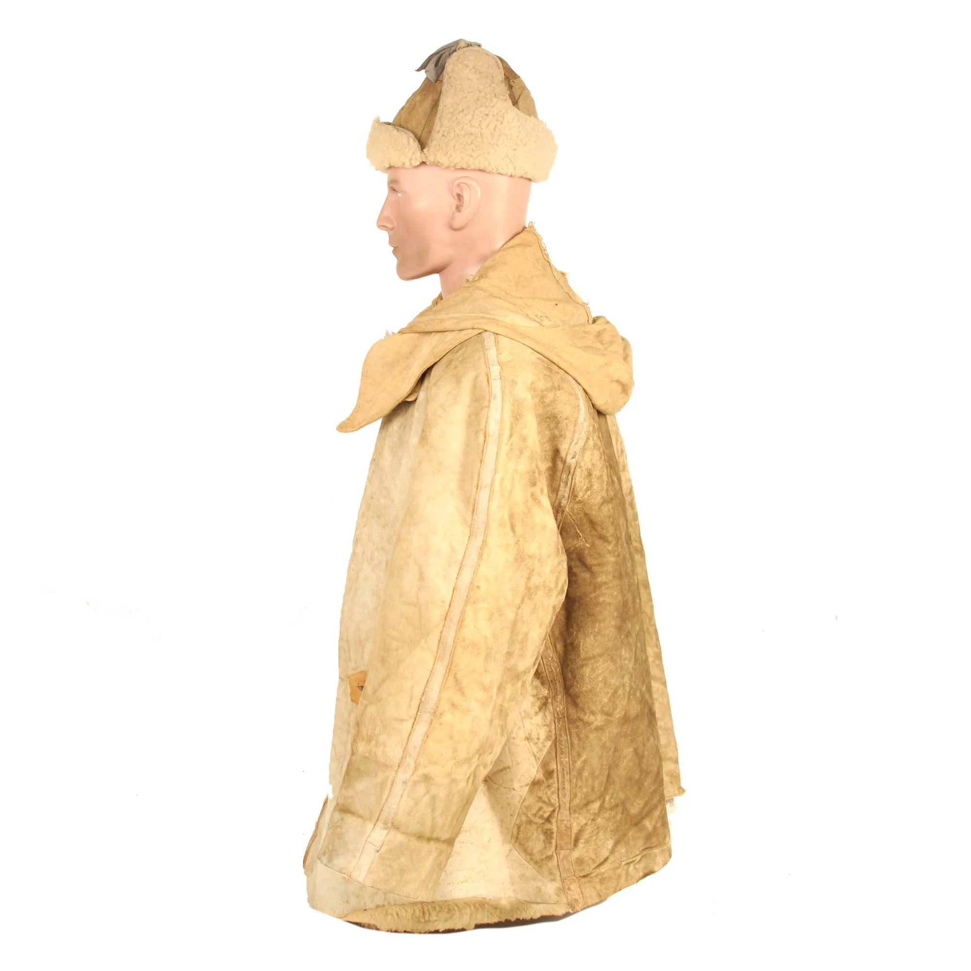 Original German WWII Luftwaffe Fur-Lined Sheepskin Leather & Canvas Winter Parka with Field-made Winter Cap