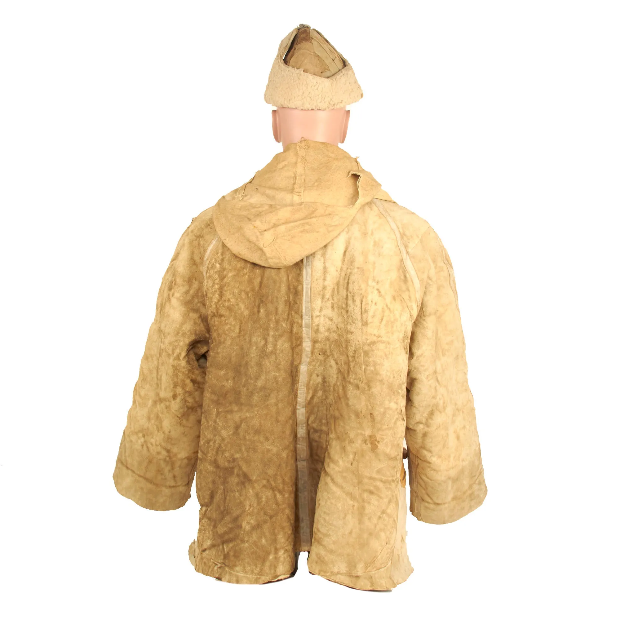 Original German WWII Luftwaffe Fur-Lined Sheepskin Leather & Canvas Winter Parka with Field-made Winter Cap