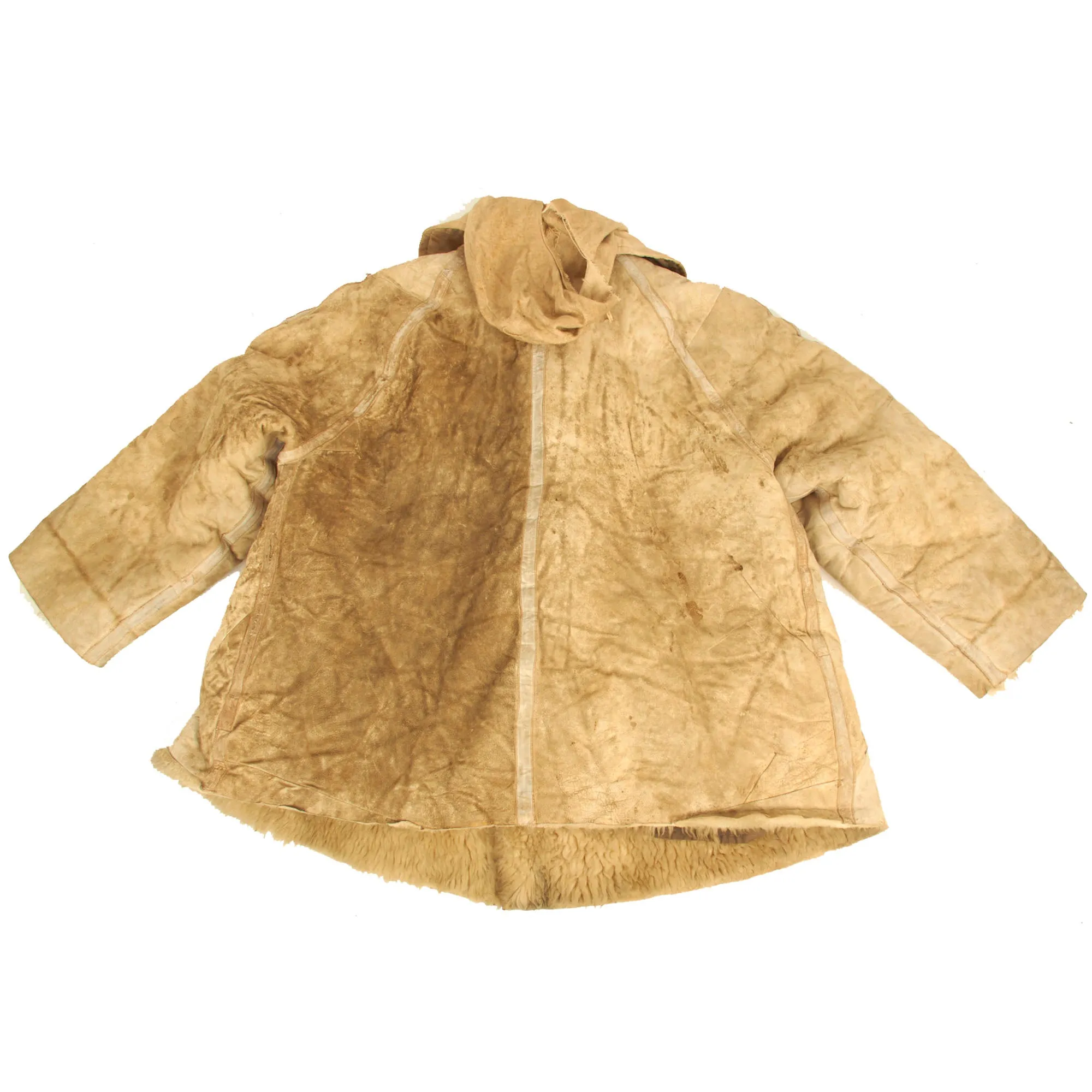 Original German WWII Luftwaffe Fur-Lined Sheepskin Leather & Canvas Winter Parka with Field-made Winter Cap