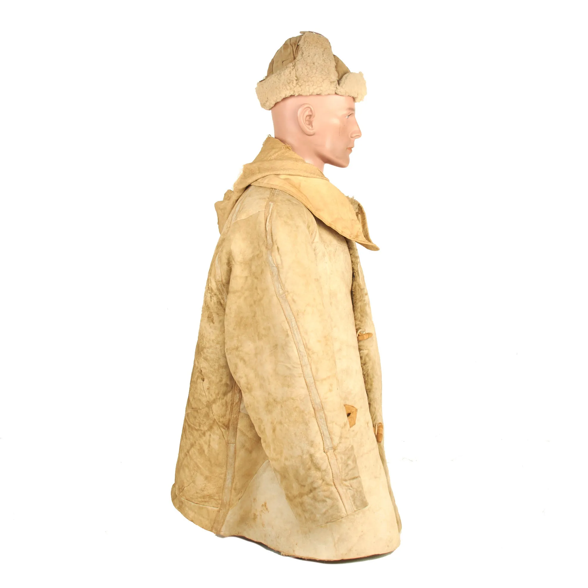 Original German WWII Luftwaffe Fur-Lined Sheepskin Leather & Canvas Winter Parka with Field-made Winter Cap