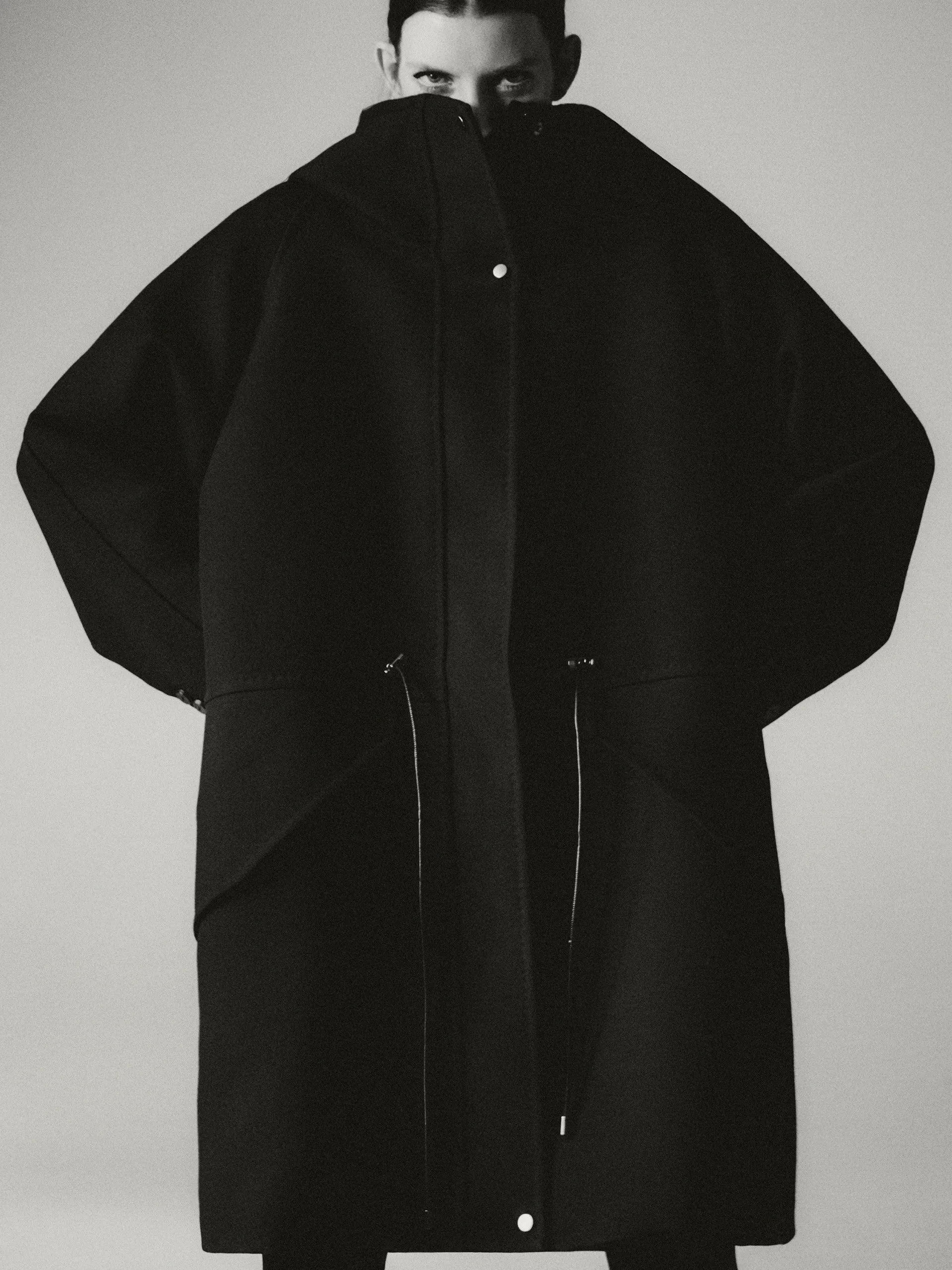 Oversized parka in wool and silk double fabric