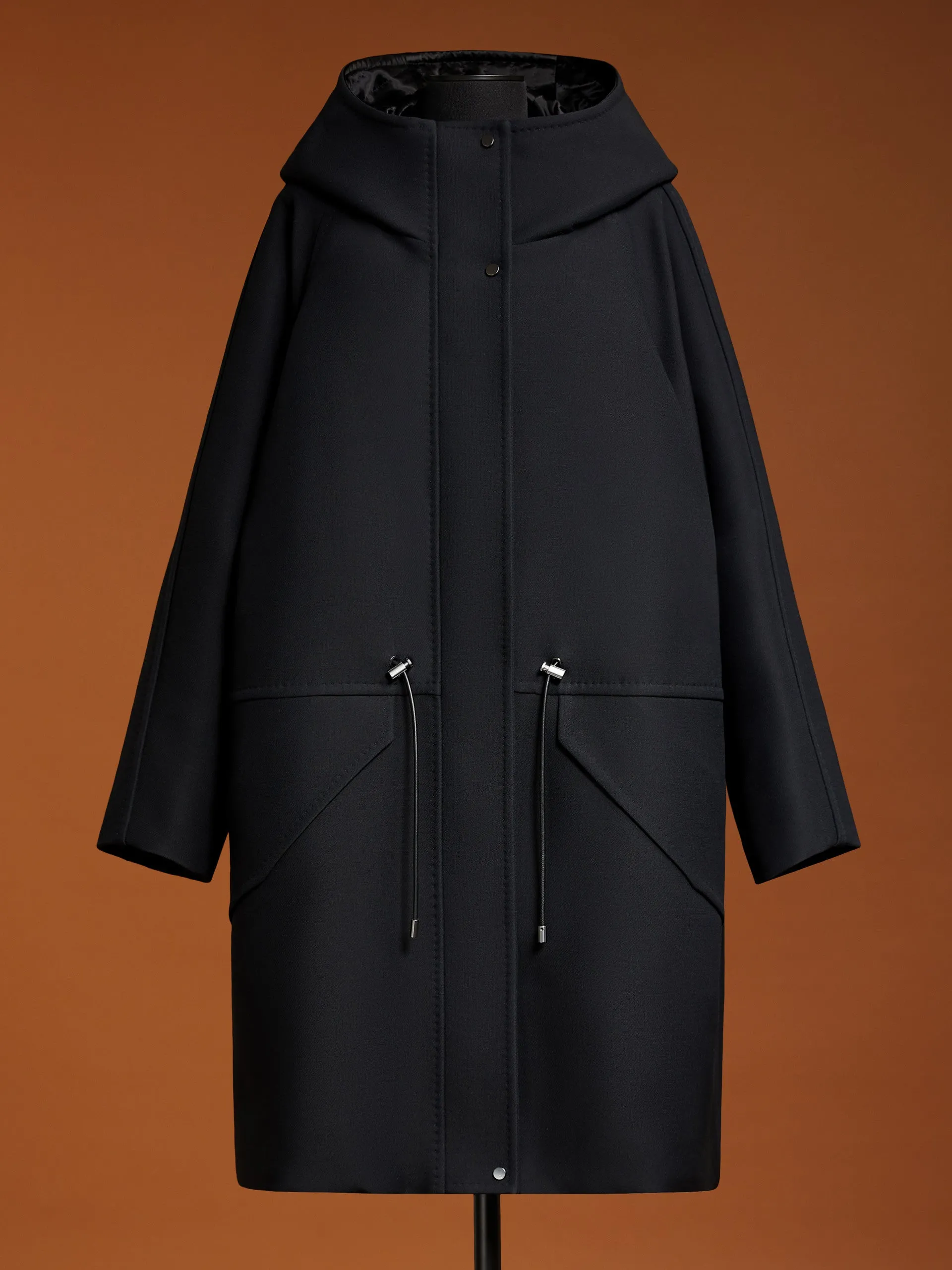 Oversized parka in wool and silk double fabric
