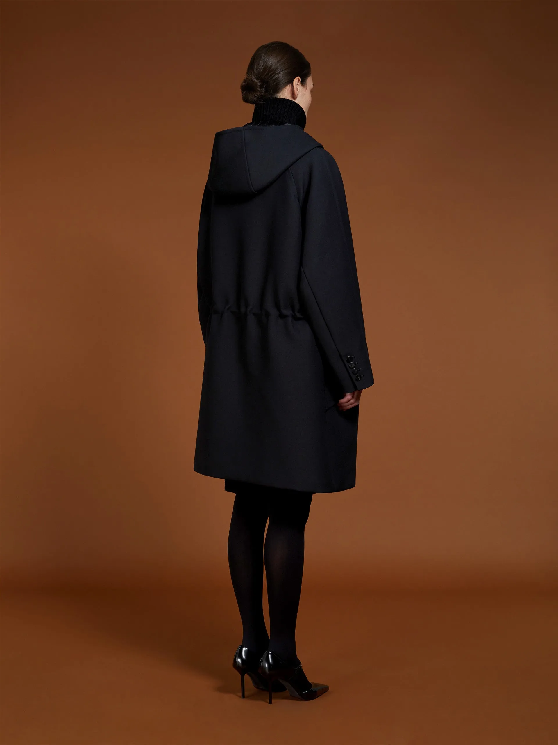 Oversized parka in wool and silk double fabric