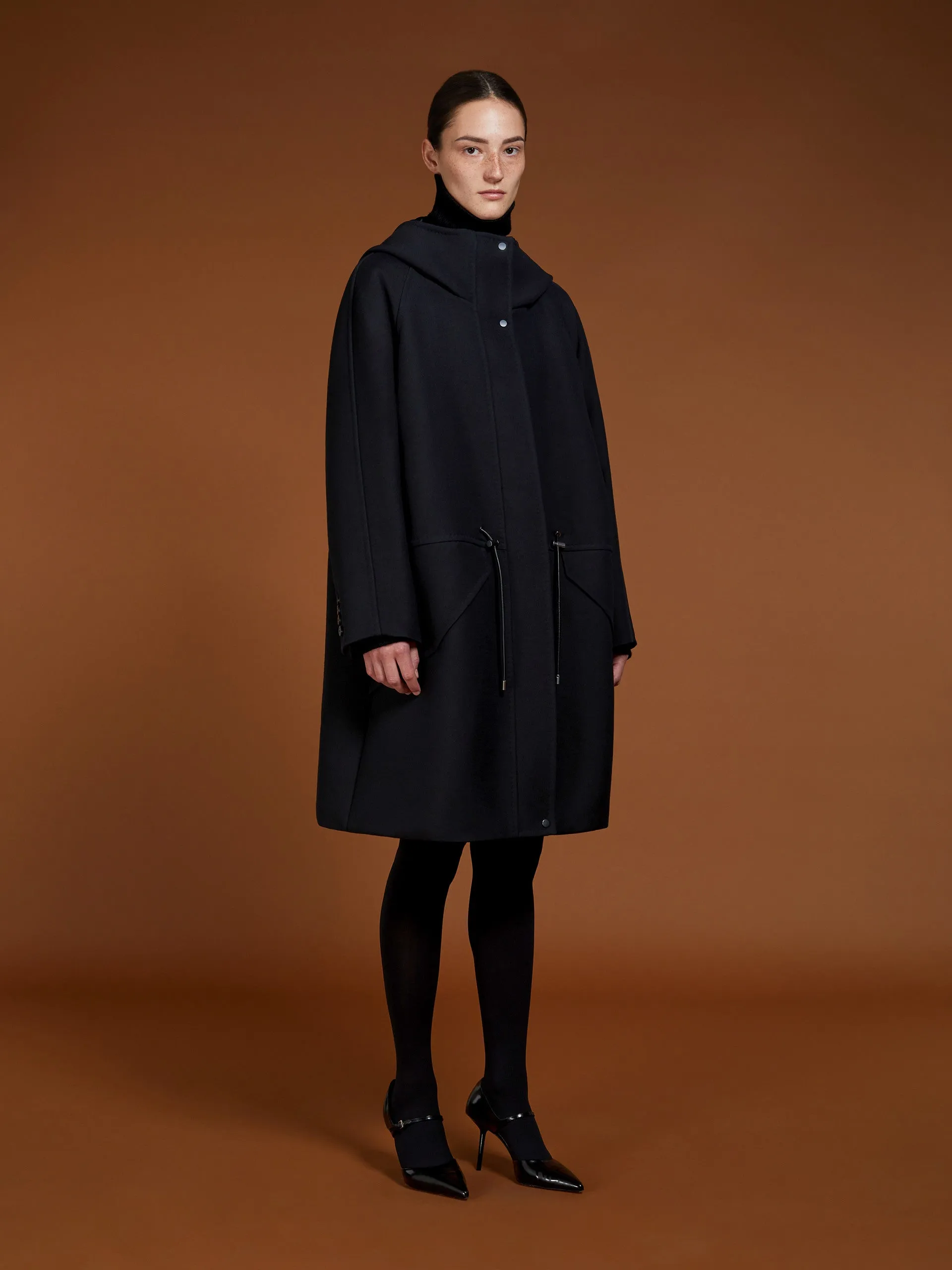 Oversized parka in wool and silk double fabric