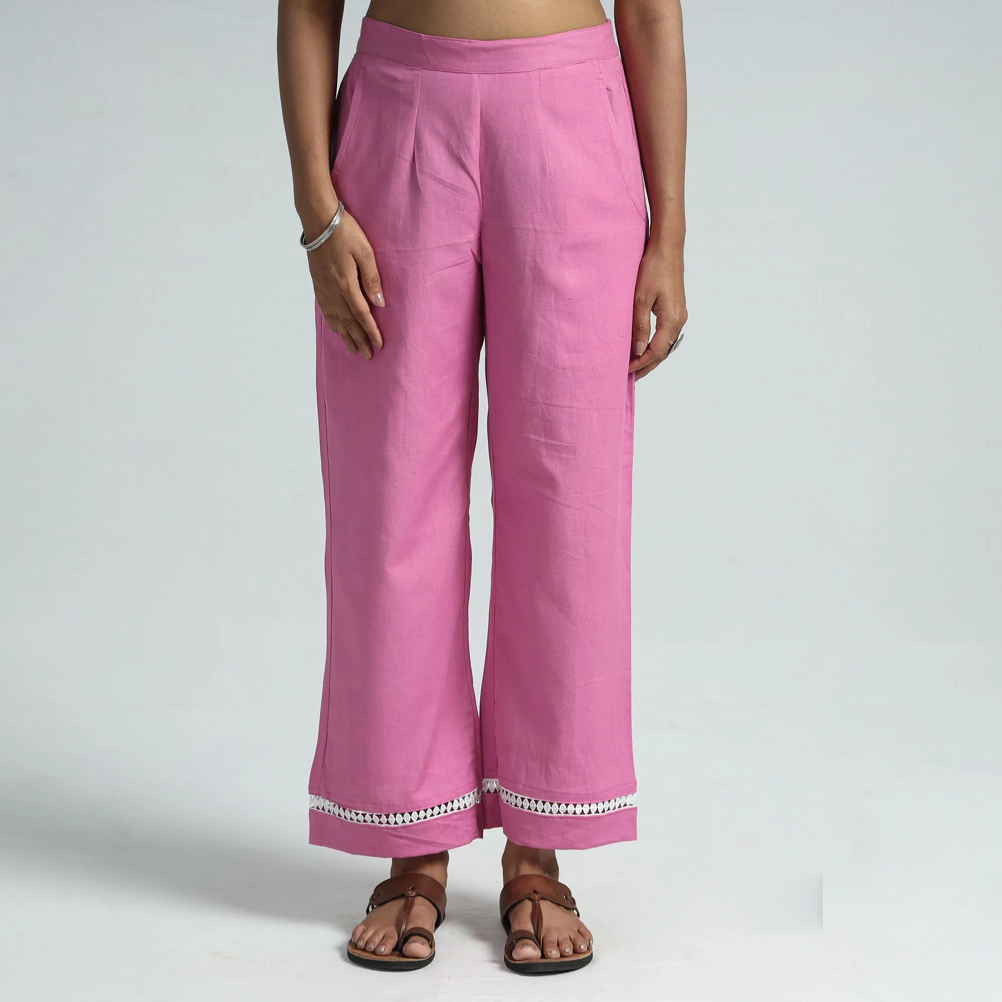 Pink - Plain Flex Cotton Elasticated Palazzo with Lace Work 01
