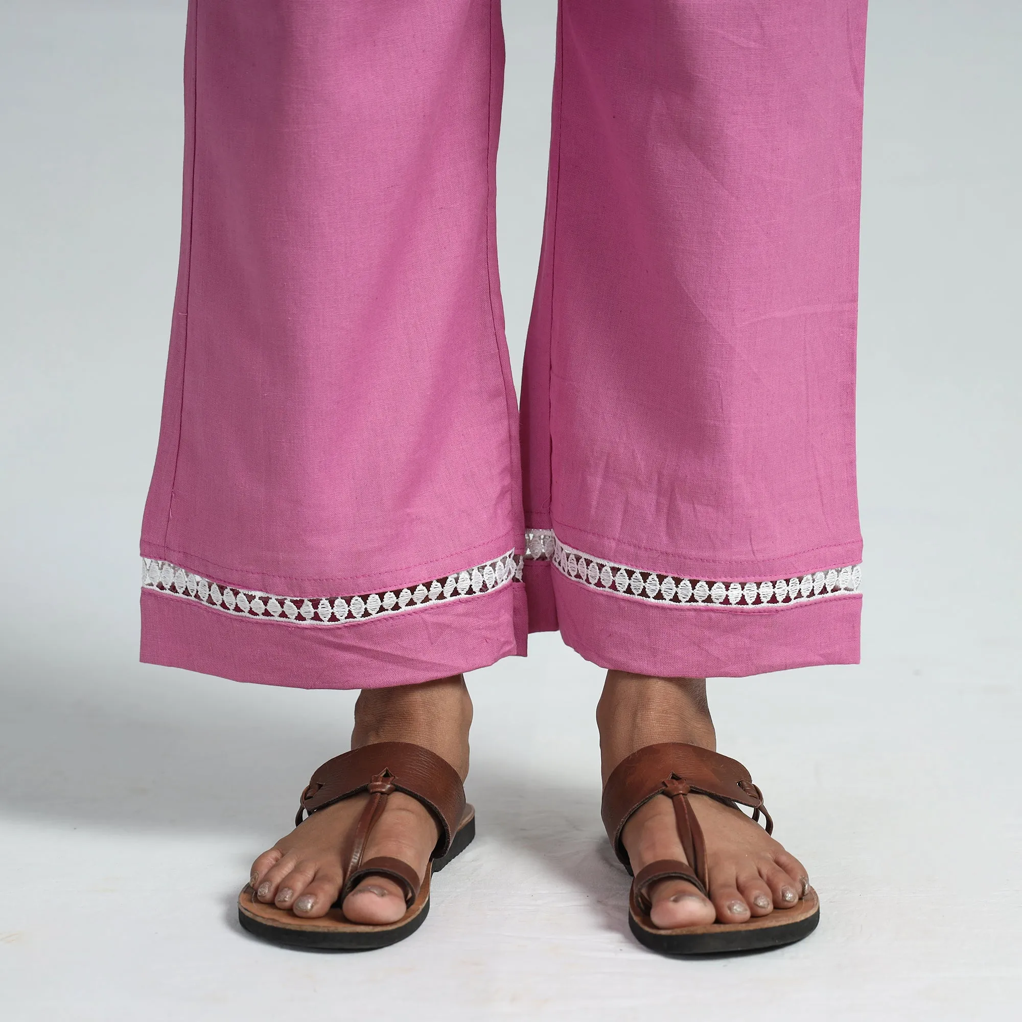 Pink - Plain Flex Cotton Elasticated Palazzo with Lace Work 01
