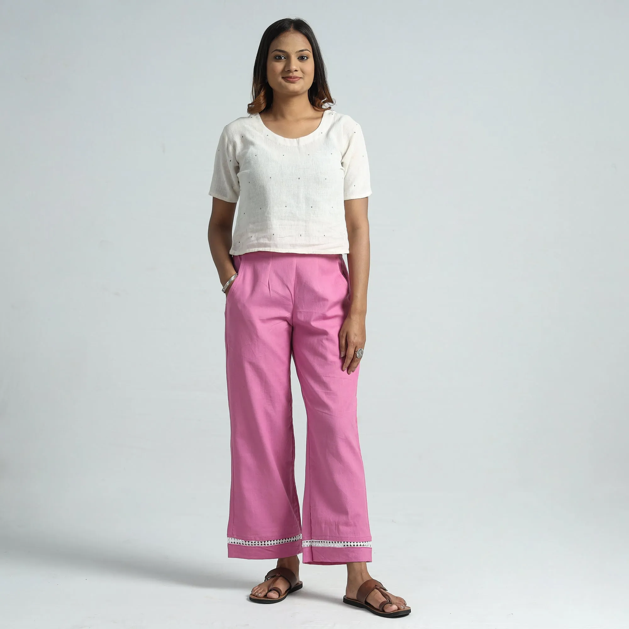 Pink - Plain Flex Cotton Elasticated Palazzo with Lace Work 01