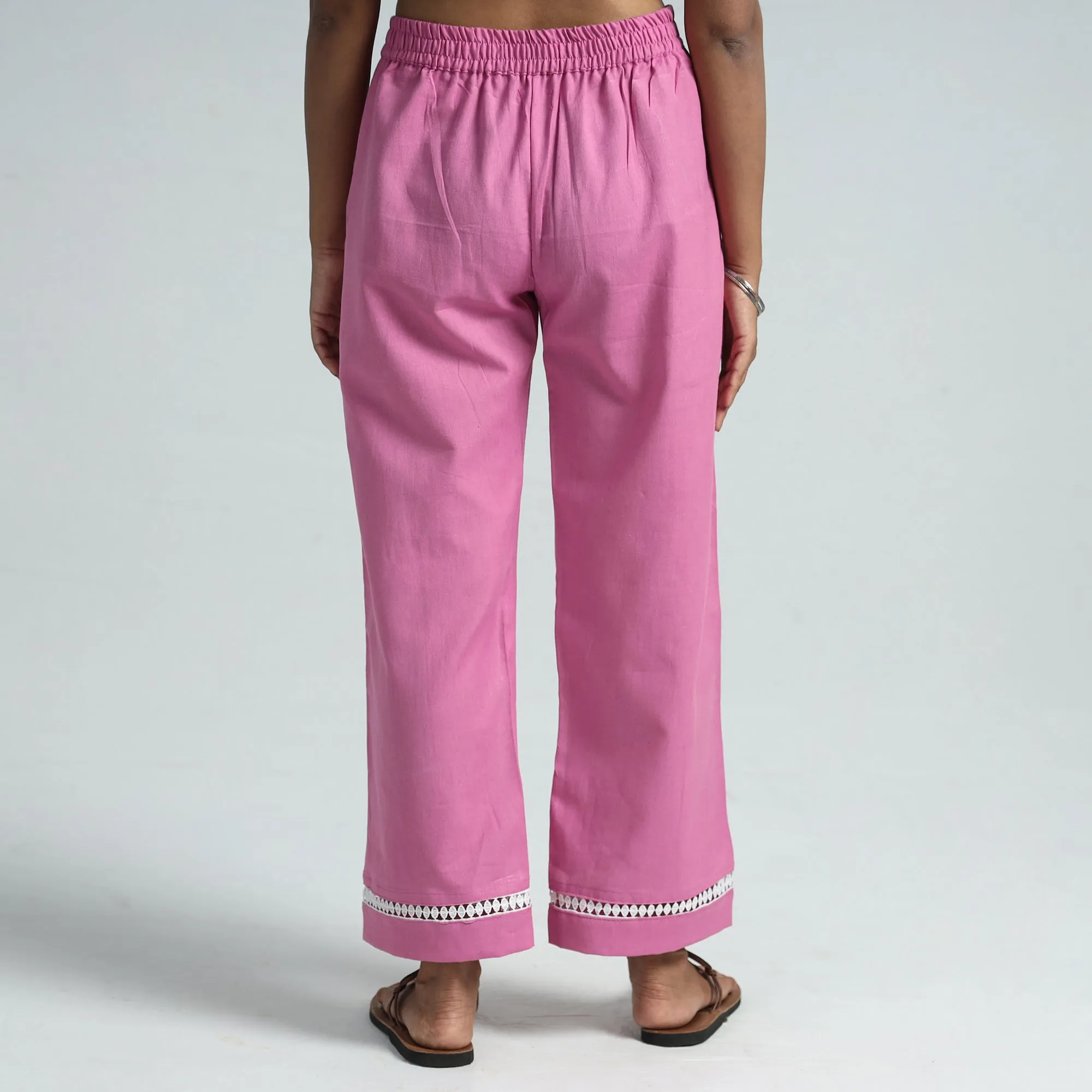 Pink - Plain Flex Cotton Elasticated Palazzo with Lace Work 01