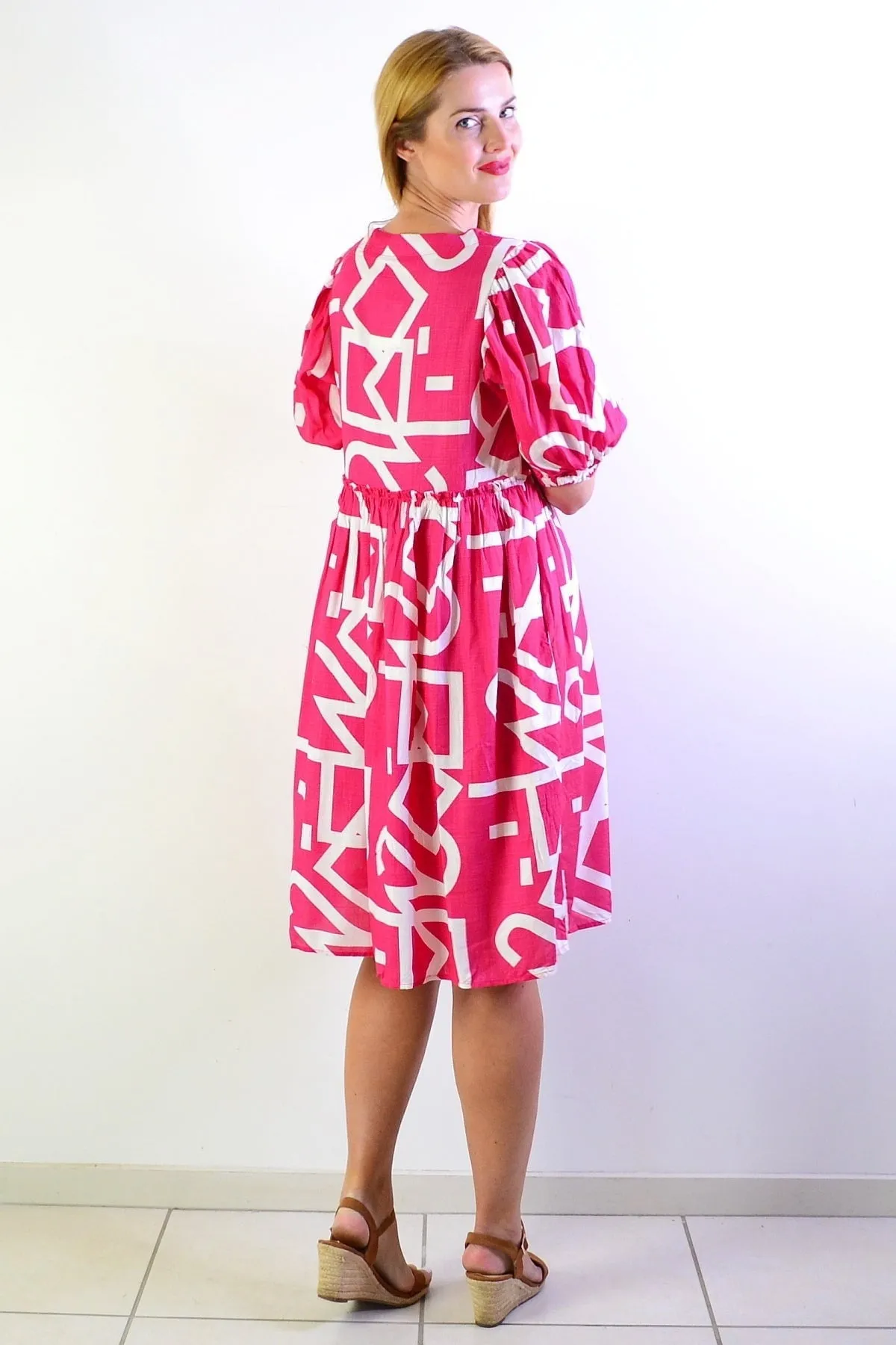 Pink White Front Button Up Tunic Dress
