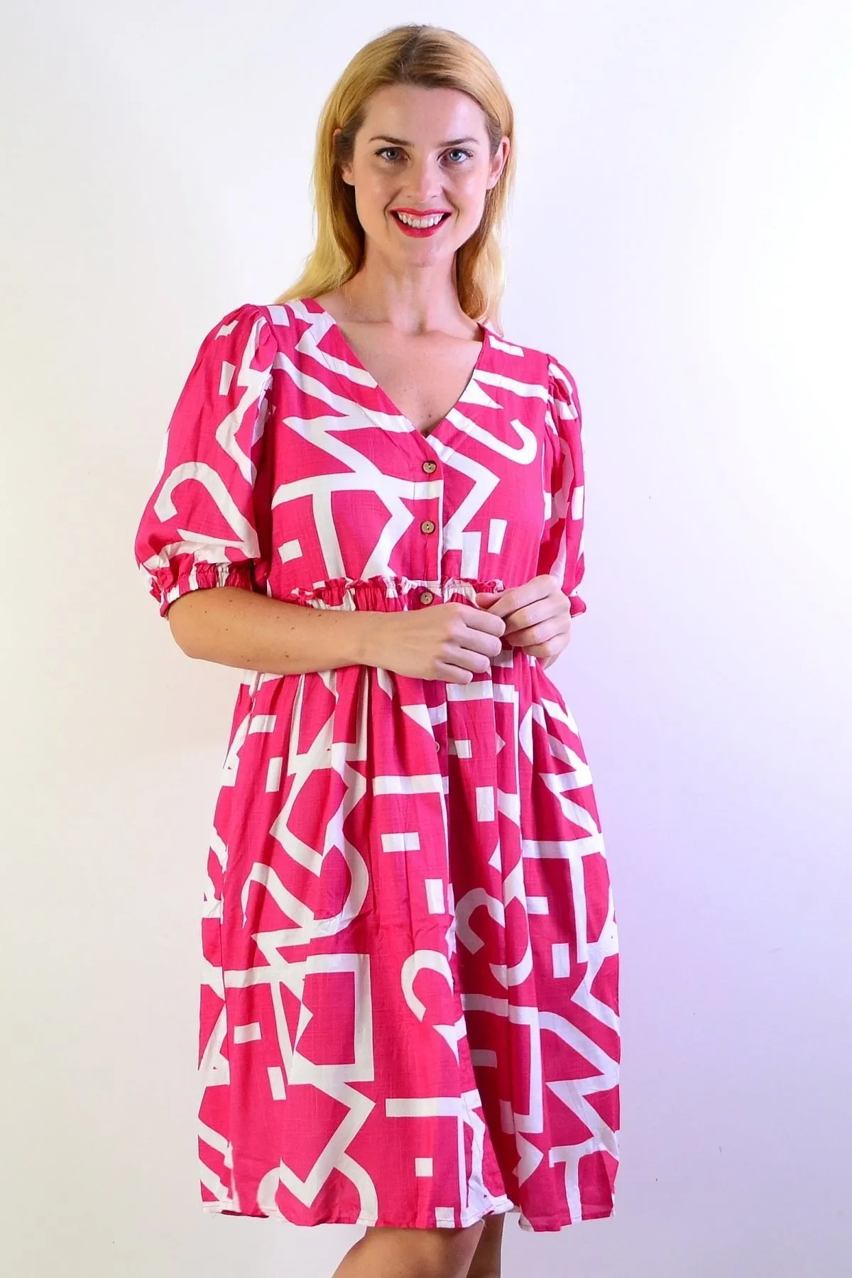 Pink White Front Button Up Tunic Dress