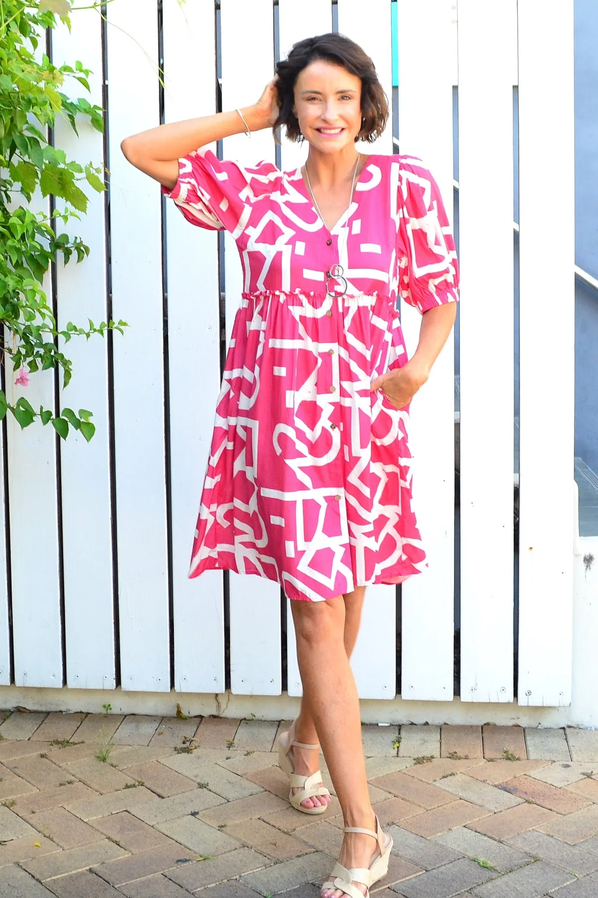 Pink White Front Button Up Tunic Dress