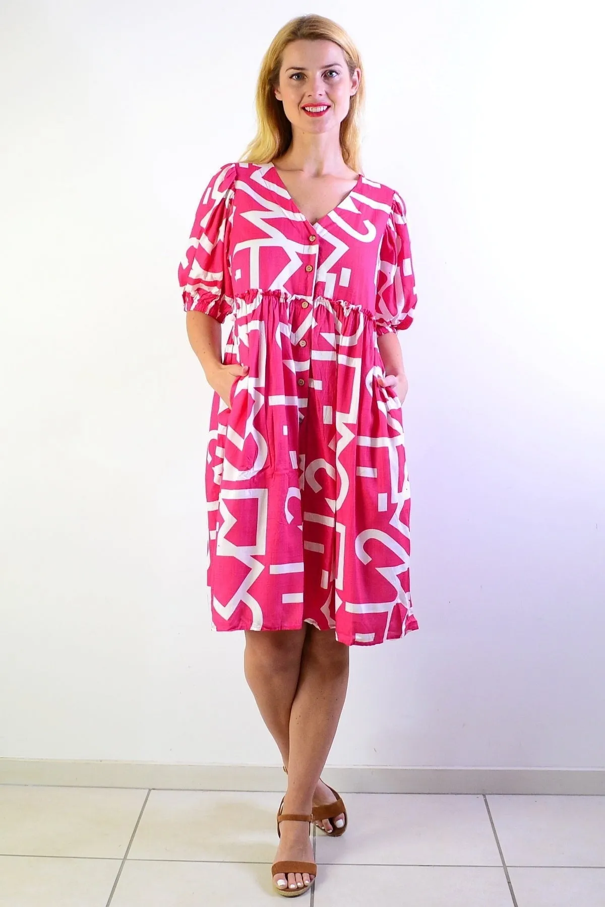 Pink White Front Button Up Tunic Dress