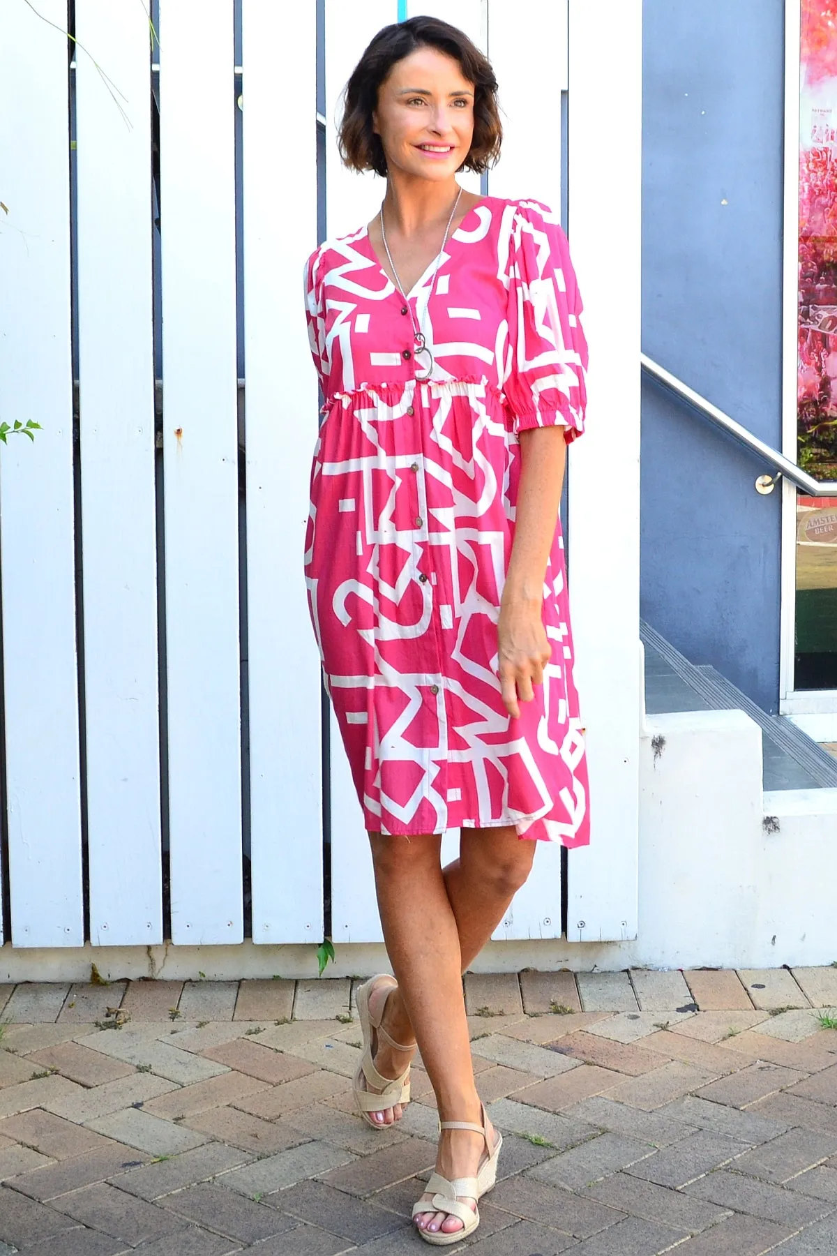 Pink White Front Button Up Tunic Dress