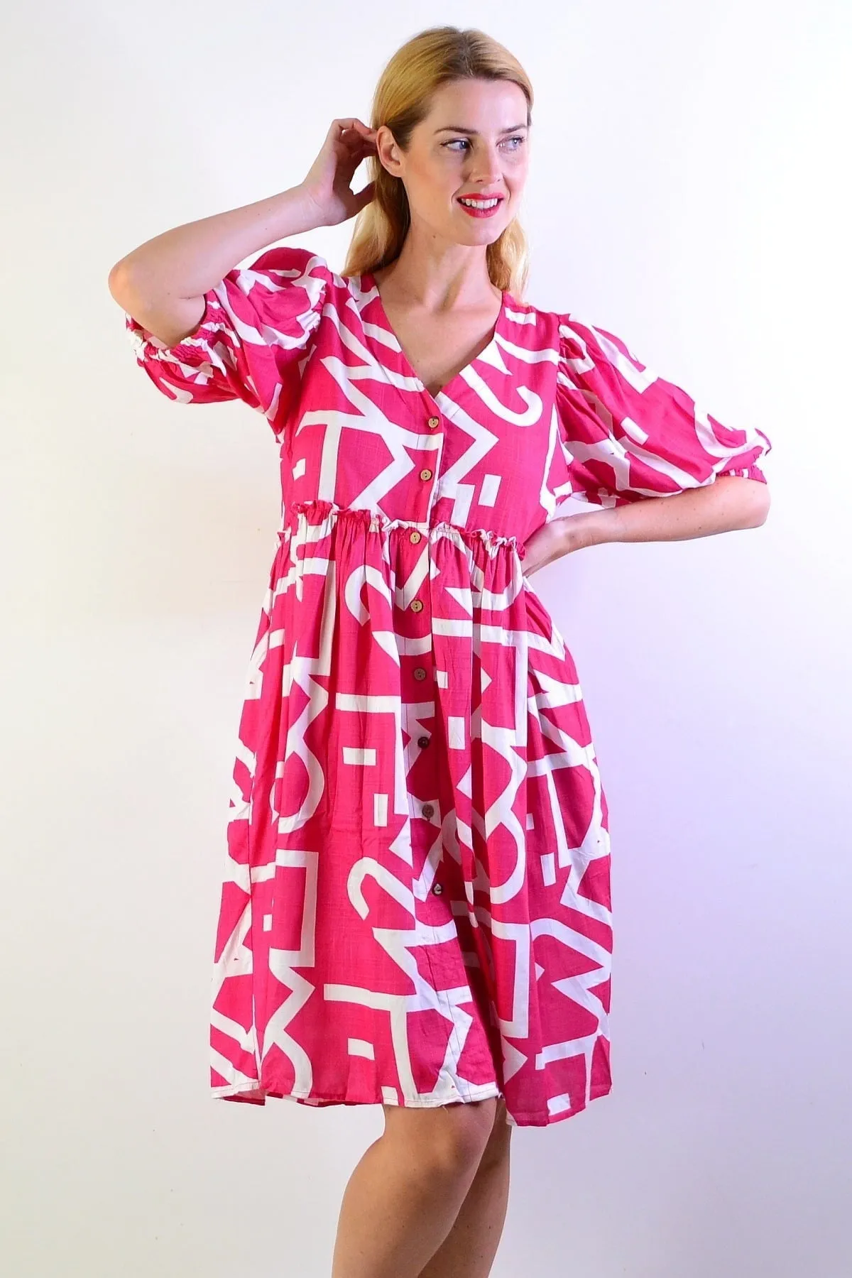 Pink White Front Button Up Tunic Dress